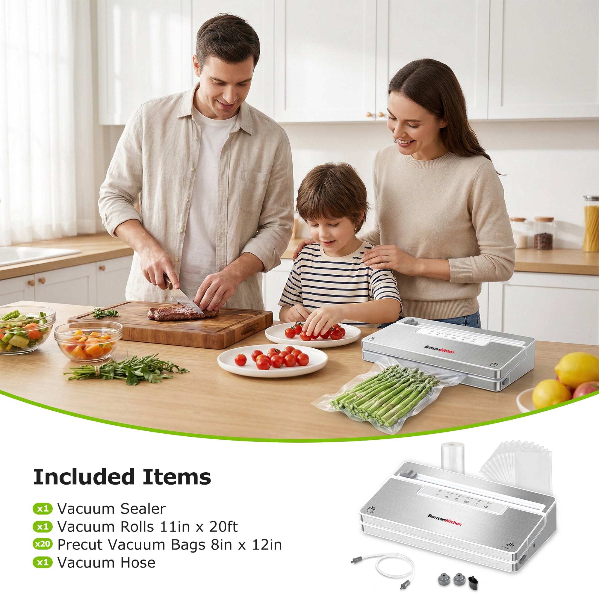 Bonsenkitchen Vacuum Sealer, Stainless Steel Food Sealer with Built-in Cutter and Bag Storage, include 1 Roll Bag & Vacuum Bags - Image 8