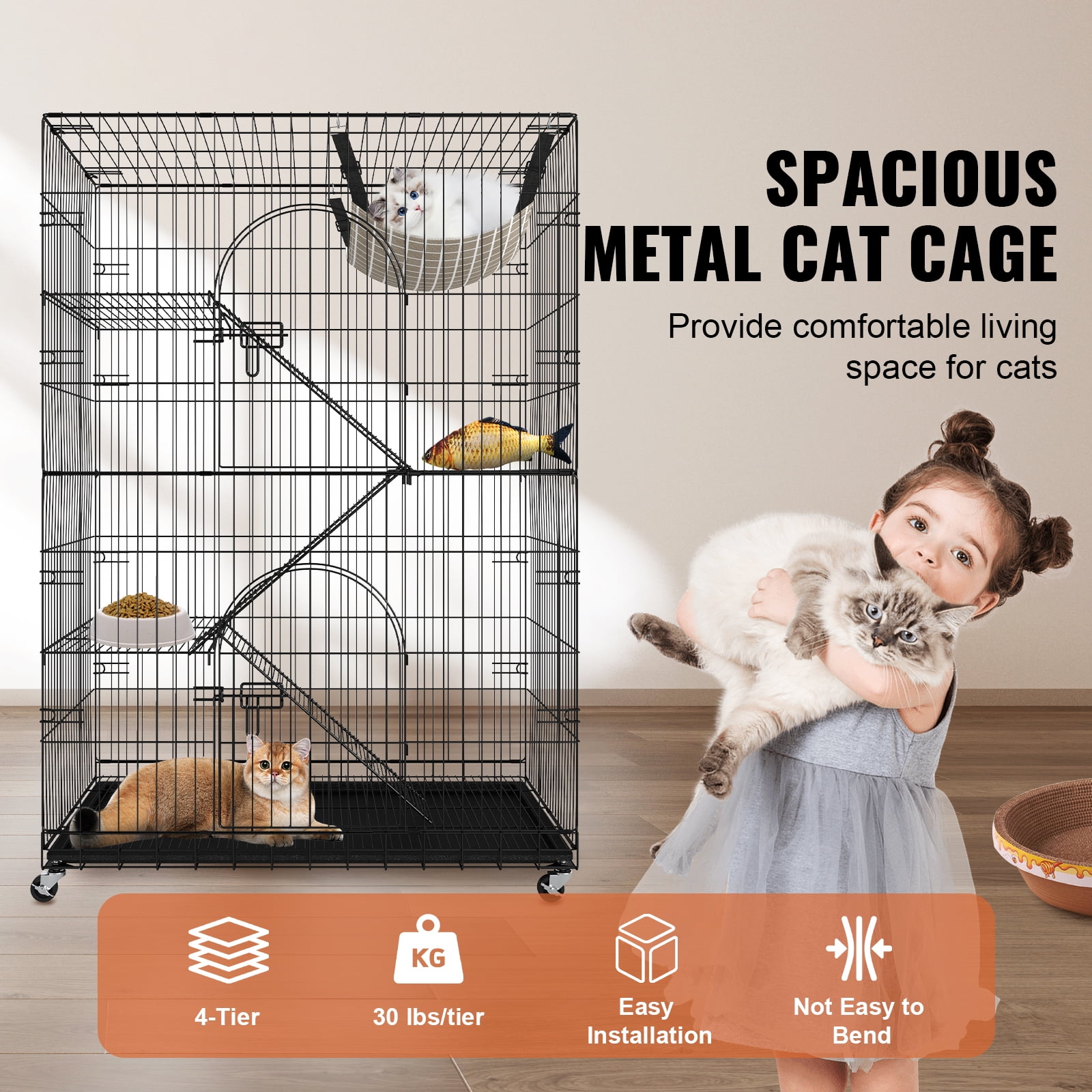 VEVOR Catio, 4-Tier Large Cat Cages Indoor, Detachable Metal Playpen Enclosure with 360 Rotating Casters, with 3 Ladders and a Hammock for 1-3 Cats, 35.4x23.6x51 inch - Image 4