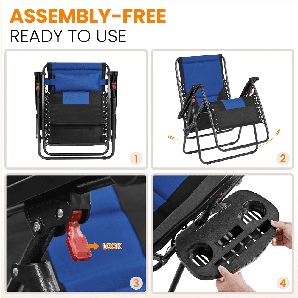 Alden Design 29in Foldable Padded Zero Gravity Chair with Cupholder/ Pillow for Outdoor, Navy Blue/Black - Image 6