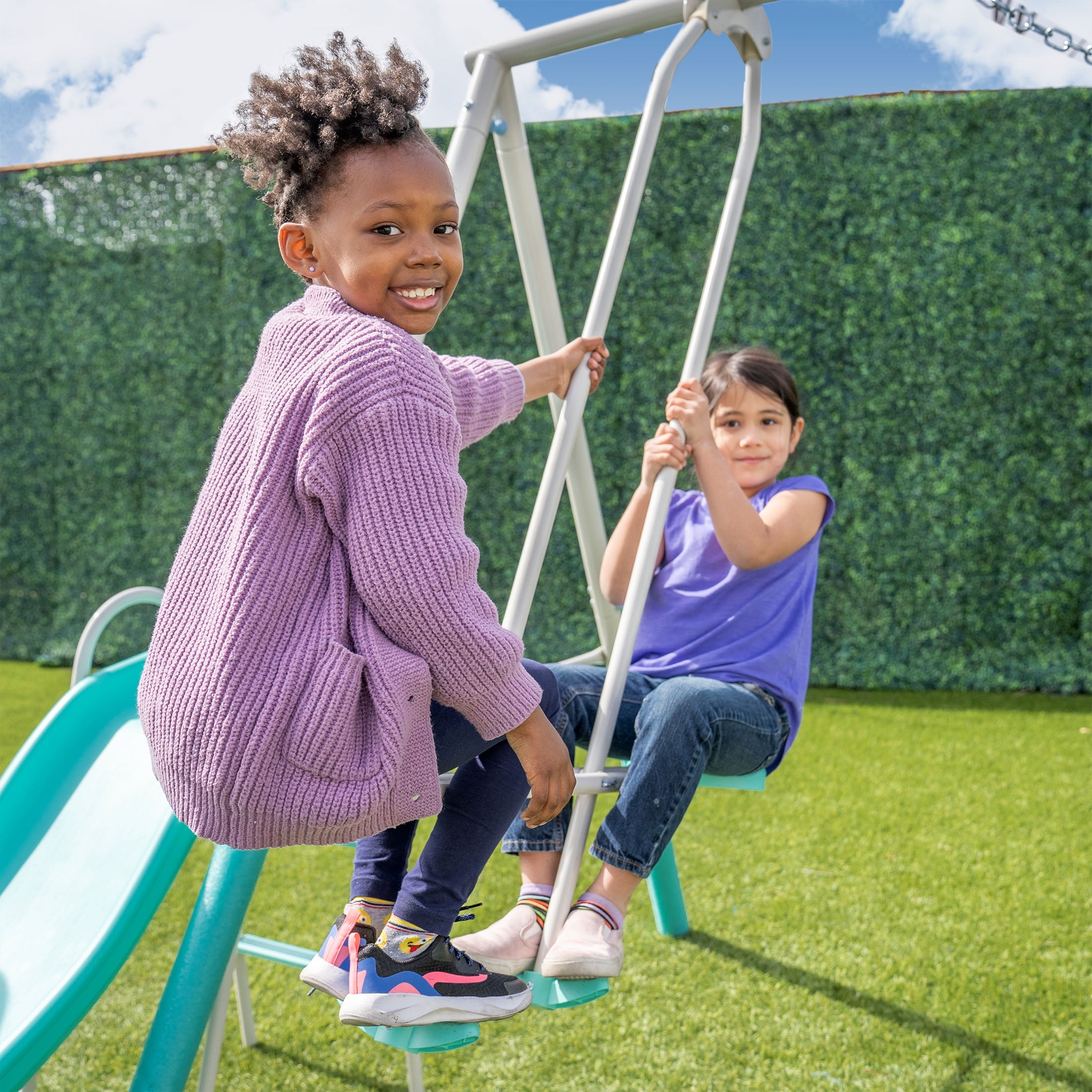 Sportspower Arcadia Metal Swing Set for Kids Ages 3-8, Outdoor Backyard Playset with Trapeze, 2-Person Glider, 5-Foot Slide with Lifetime Warranty, Bonus Anchor Kit (TEAL) - Image 7