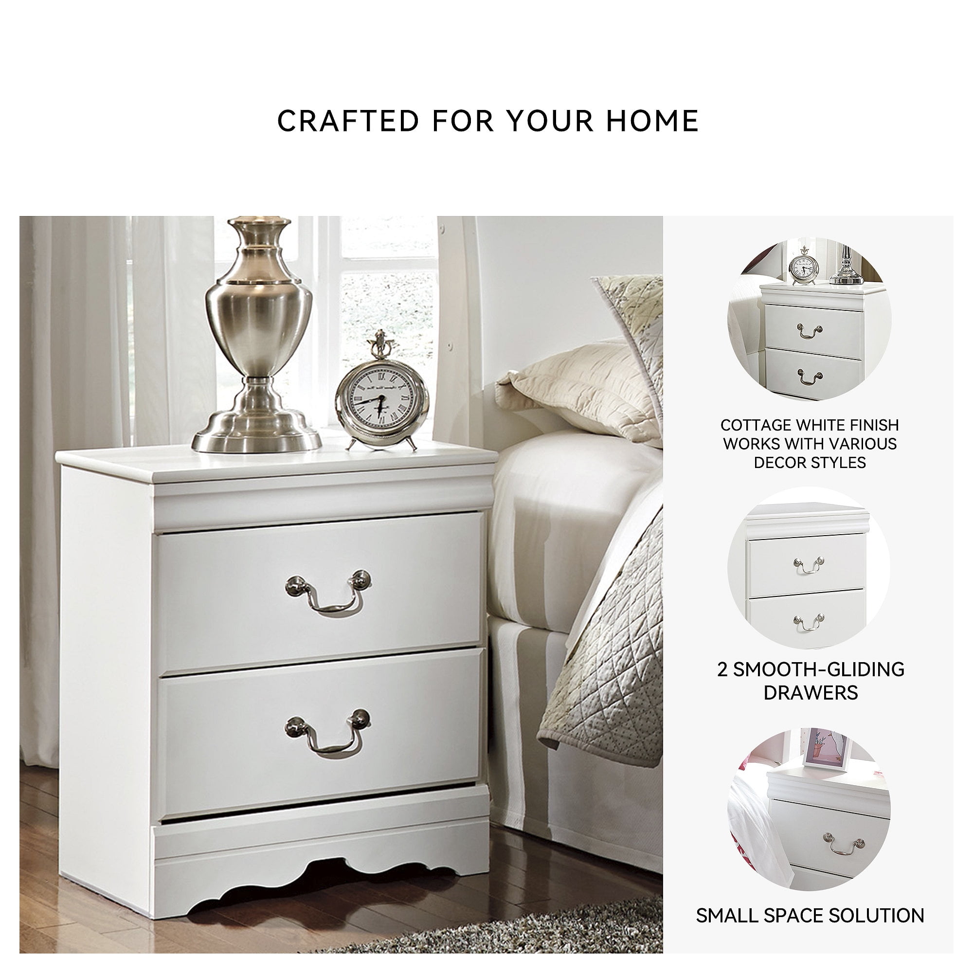 Signature Design by Ashley Anarasia 2-Drawer Nightstand – White Louis Philippe Style, Sleek Bedside Table with Pewter Hardware & Smooth-Gliding Drawers - Image 6