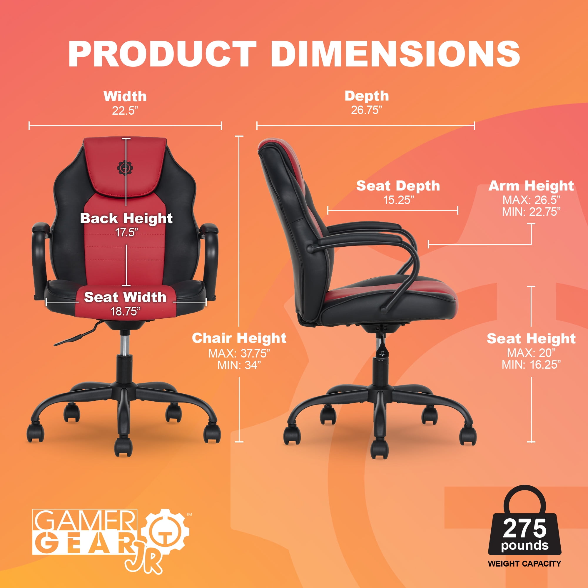 Gamer Gear Jr. Xplorer Gaming and Computer Chair, Kids and Teens Gaming Chair with Padded Arms, Adjustable Height, Red and Black - Image 5