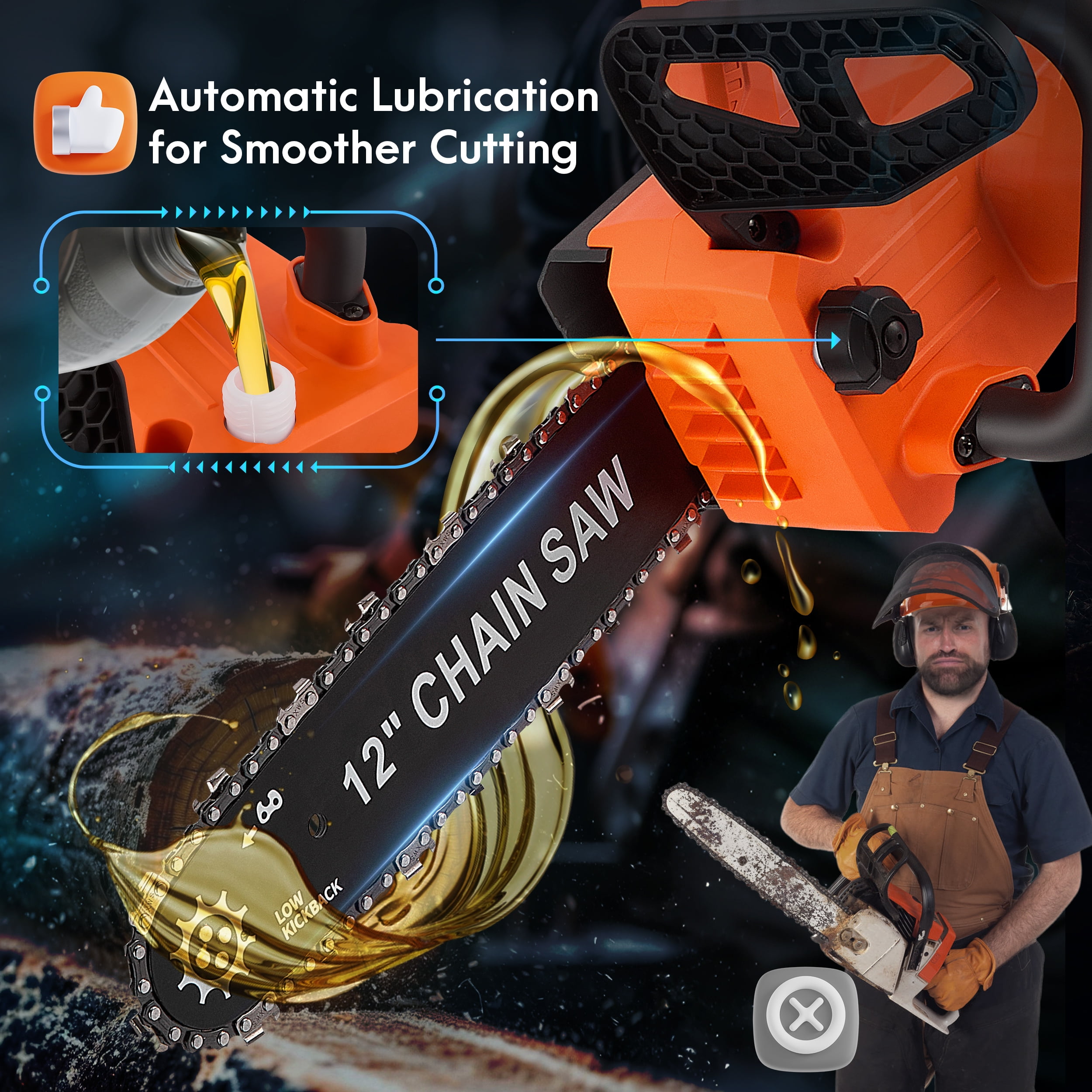 RELOIVE 12" Chainsaw, Cordless battery Chainsaw with 2x 4.0Ah Batteries , Electric Chainsaw with 1200W Brushless Motor, Automatic Lubrication, Power Chain Saw for Wood Cutting Tree Trimming - Image 12