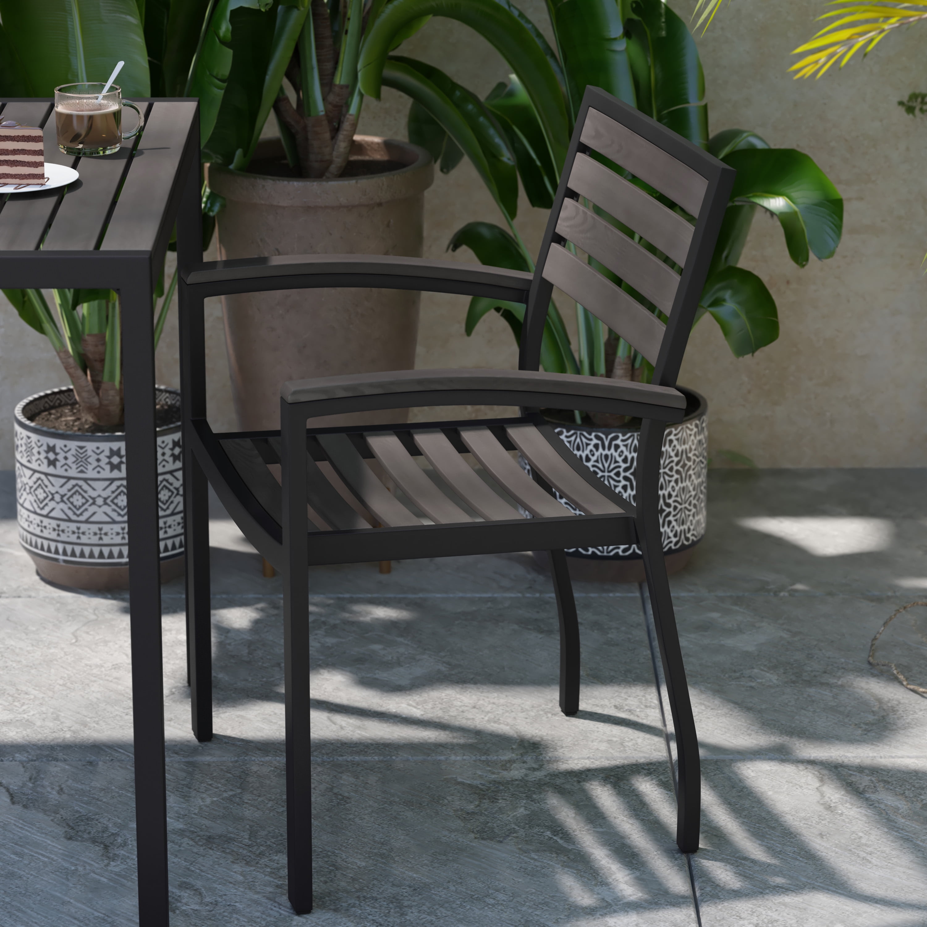 Flash Furniture Lark Set of 2 Outdoor Stackable Faux Teak Side Chairs - Commercial Grade Black Aluminum Patio Chairs with Synthetic Gray Wash Faux Teak Slats - Image 2