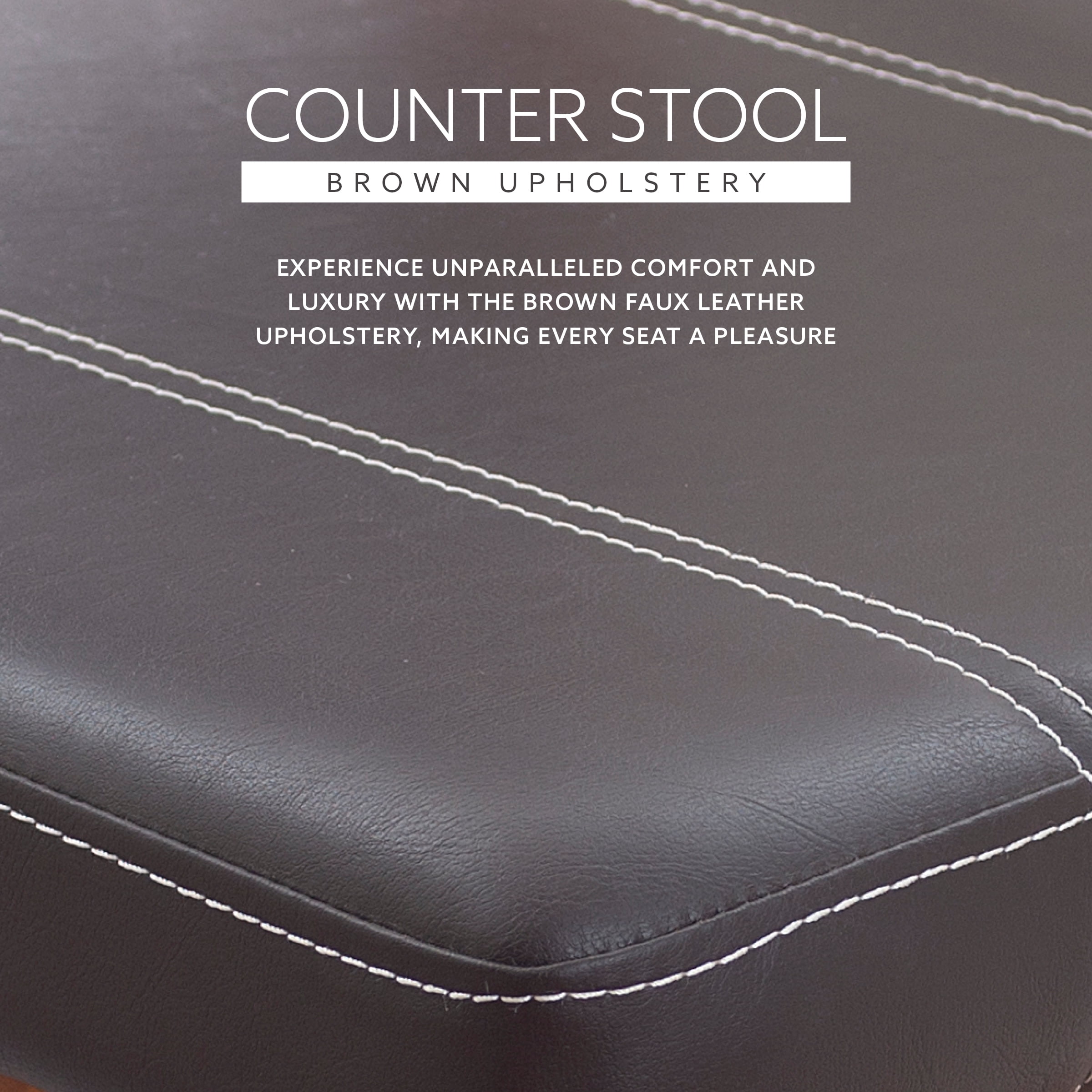 Linon Milano 24" Mid Back Indoor Upholstered Counter Stool, Medium Walnut/Dark Brown Faux Leather - Image 7