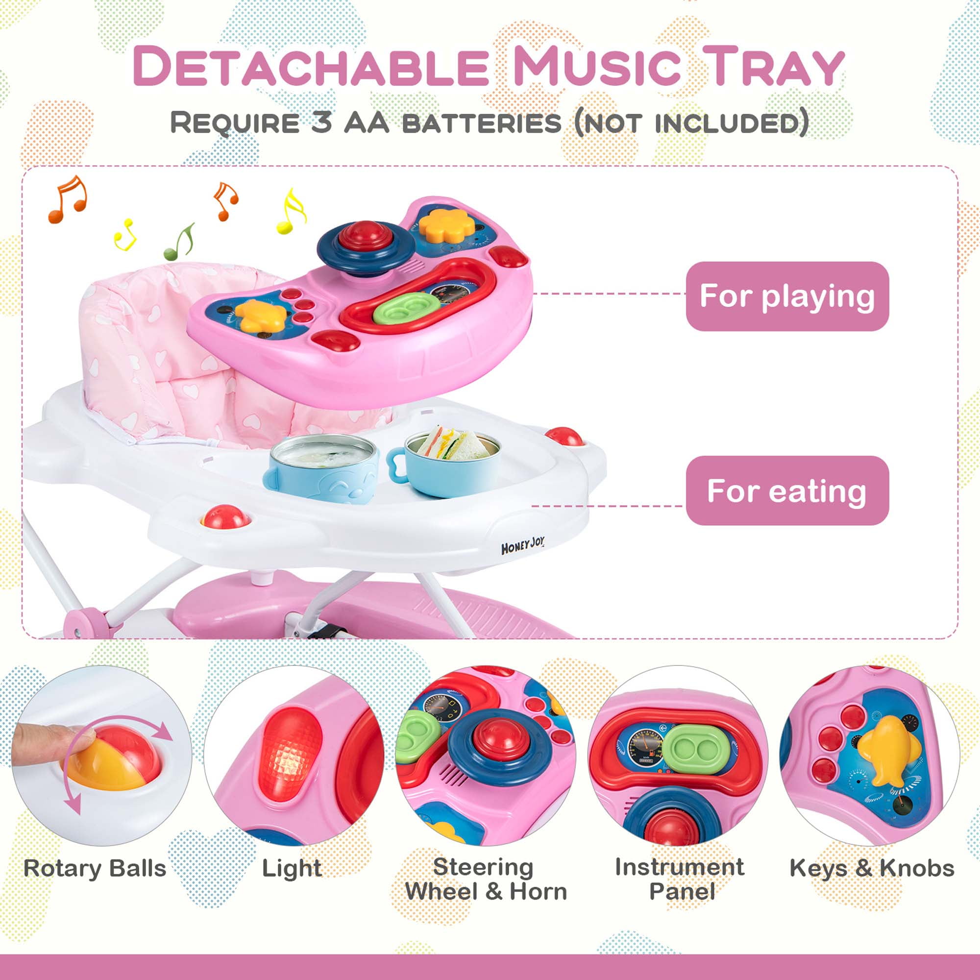 Costway 6 in 1 Baby Walker Adjustable Walker & Activity Center with Music 6-14 Months Pink - Image 4