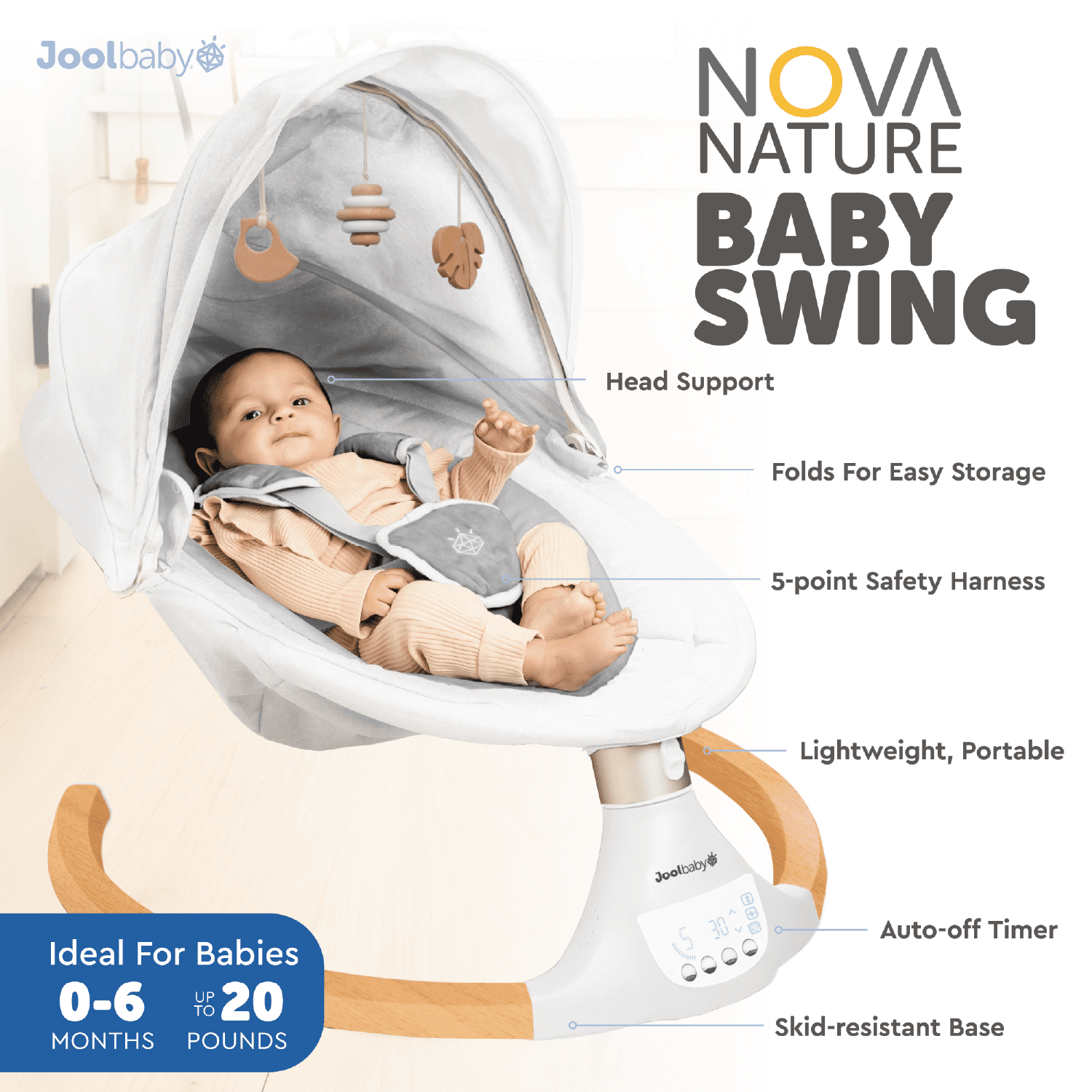Jool Baby Nova Nature Baby Swing for Newborns – Electric Motorized Infant Swing with Bluetooth Music, Remote & Natural Wood Toys - Image 4