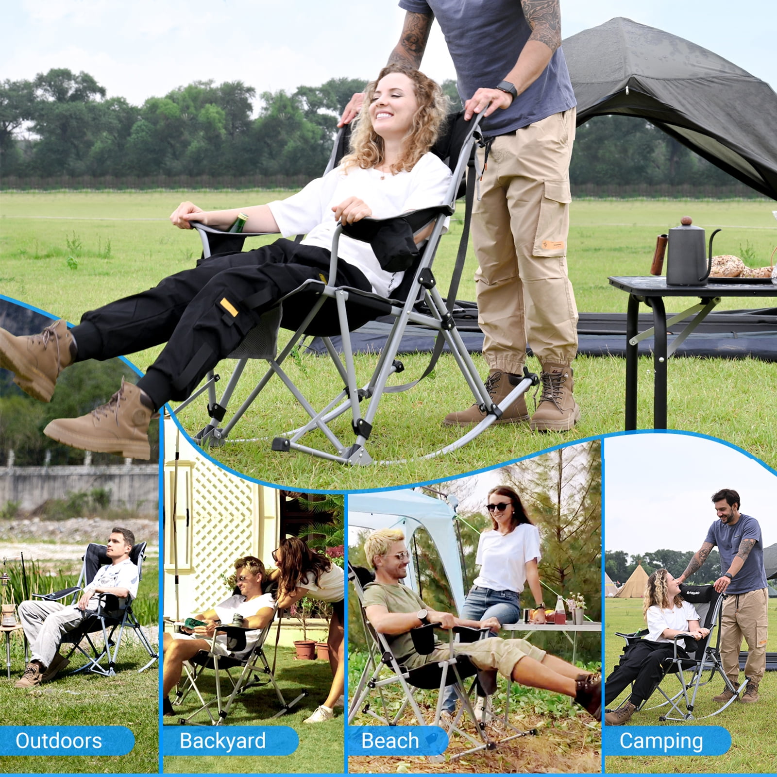 FUNDANGO Oversized Rocking Camping Chair for Adults Outdoor Folding Rocking Chair Lawn Chair Black - Image 9