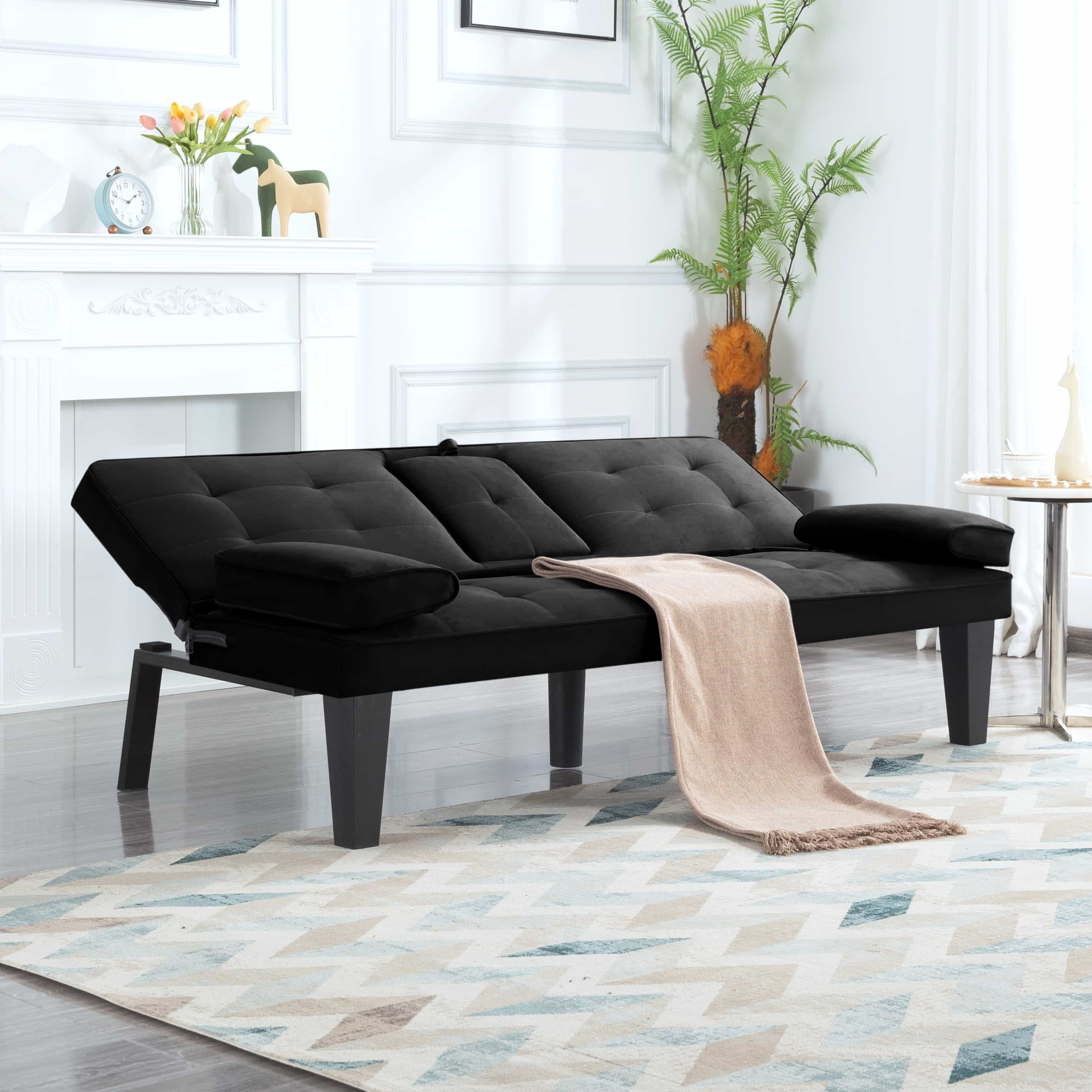 BSHTI Twin Size Futon Sleeper Sofa Bed,Velvet Upholstery,3 Angles for Adjusting Backrest,with 2 Cup Holders,Removable Arm,Convertible Sleeper Sofa(Black) - Image 4