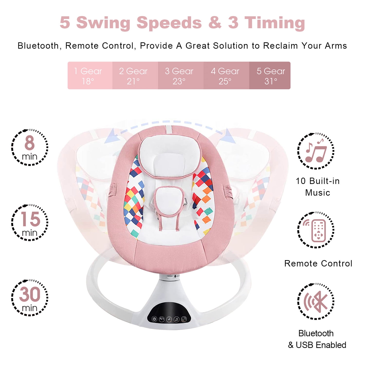 Yadala Baby Swing for Infants, Bluetooth Baby Swing Baby Rocker Chair with Gift Package, Pink - Image 5