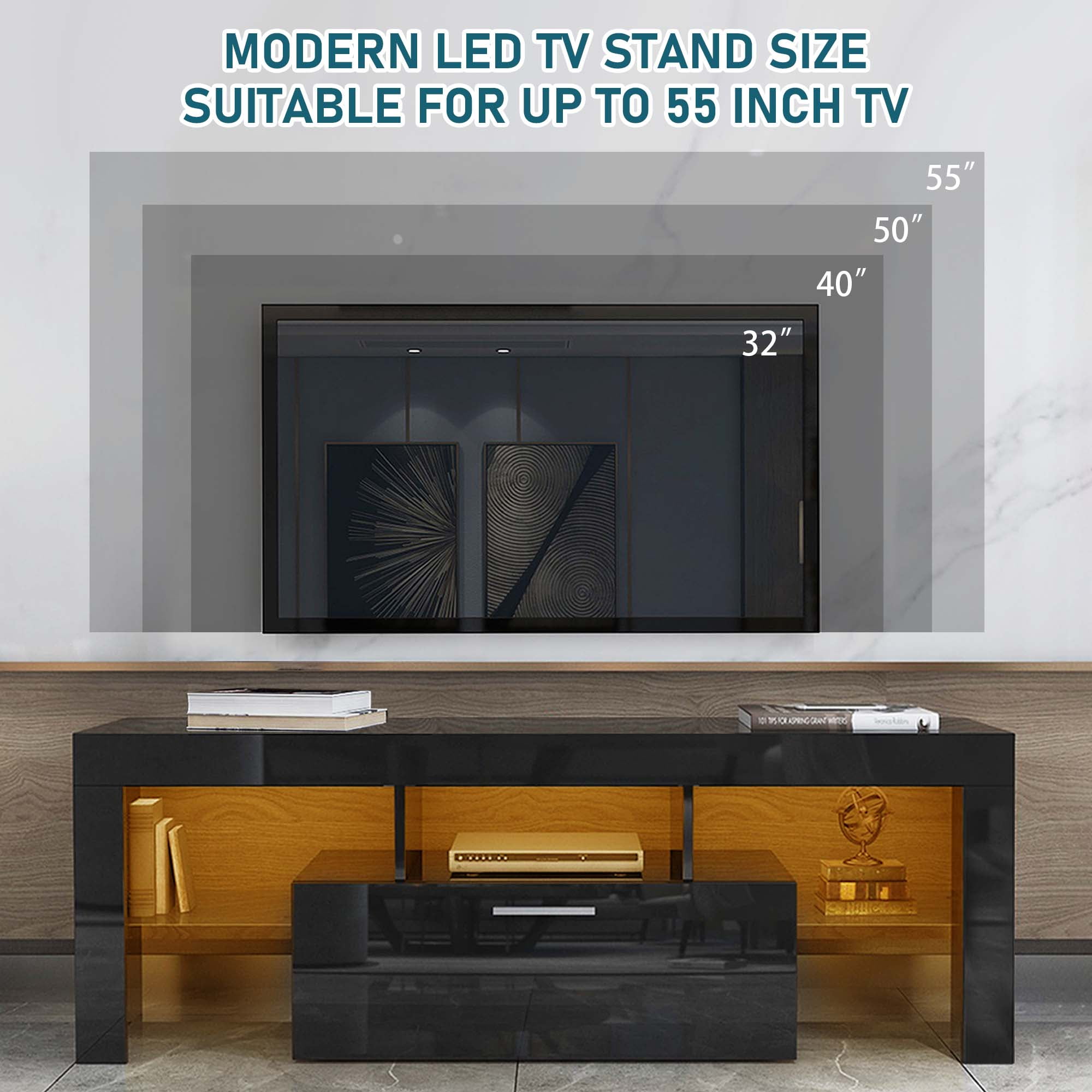 Aukfa LED TV Stand for TVs up to 60", Storage TV Cabinet for Living Room - Black - Image 2