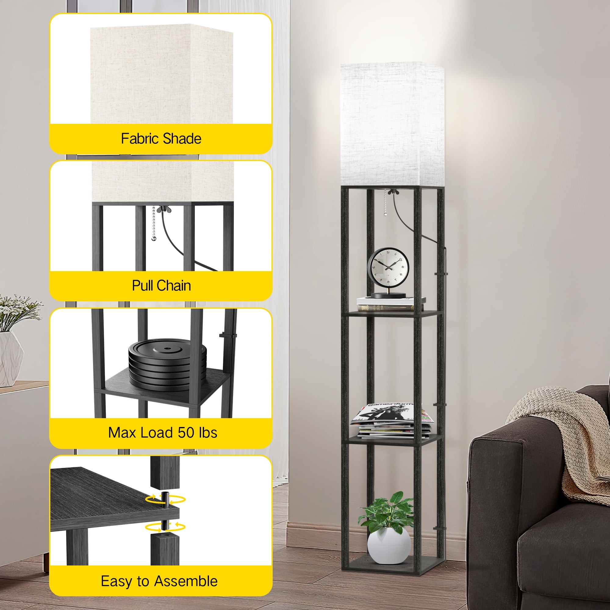 OUTON 63" Floor Lamp with Shelves, Modern Dimmable Standing Lamps with Remote Control for Living Room, Bedroom, Black - Image 8