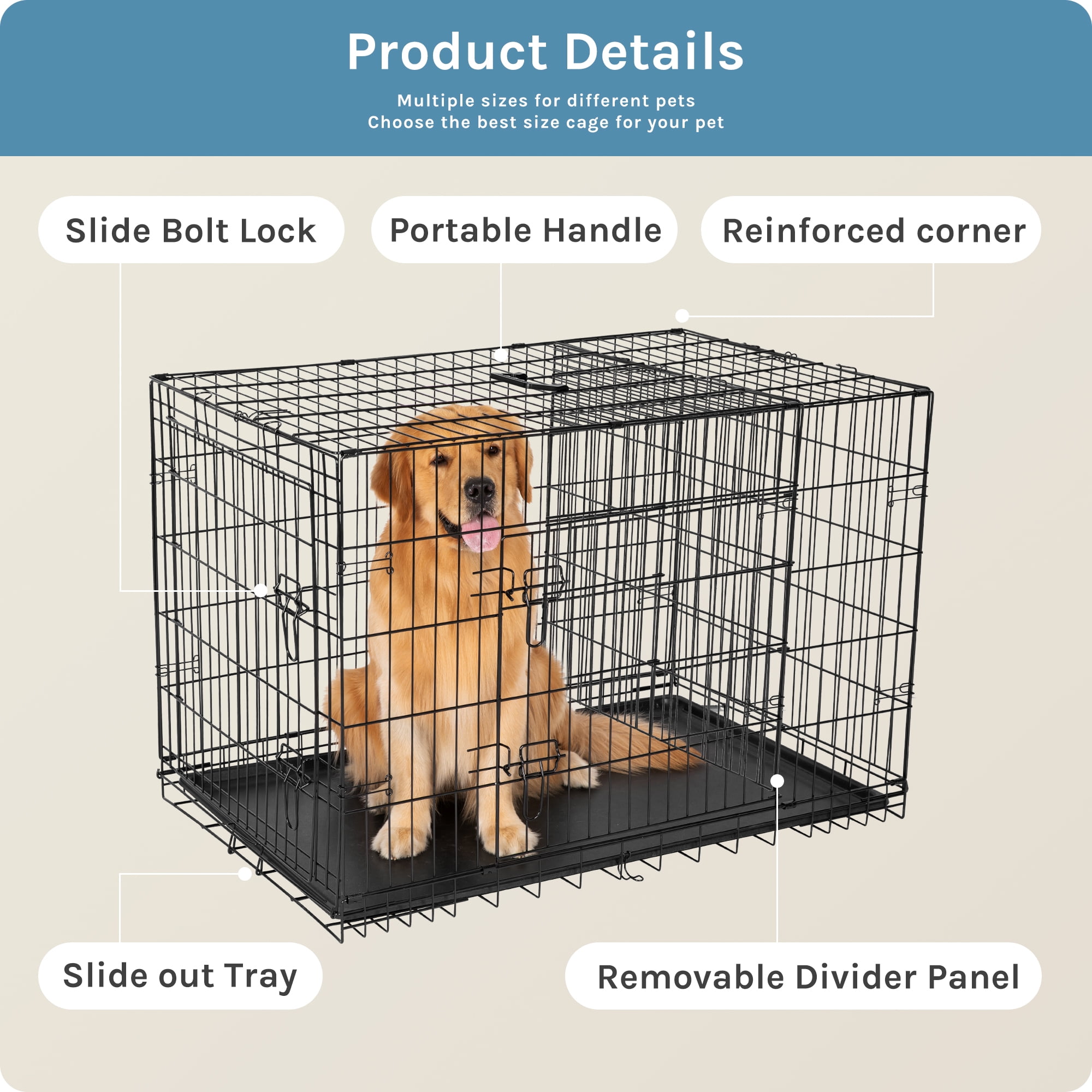 JOINSUN Dog Crate, 42 Inch Medium Folding Metal Wire Pet Double Door Dog Cage with Divider Panel and Plastic Leak-Proof Pan Tray, Outdoor - Image 5