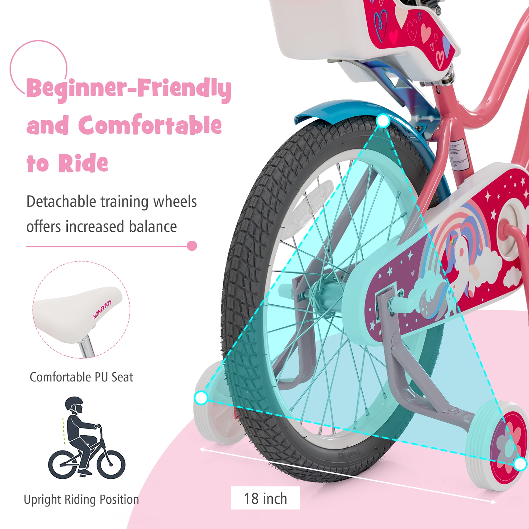 Honeyjoy 18 Inches Kids Bicycle with Training Wheels & Basket for Boys & Girls Age 5-9 Years - Image 10