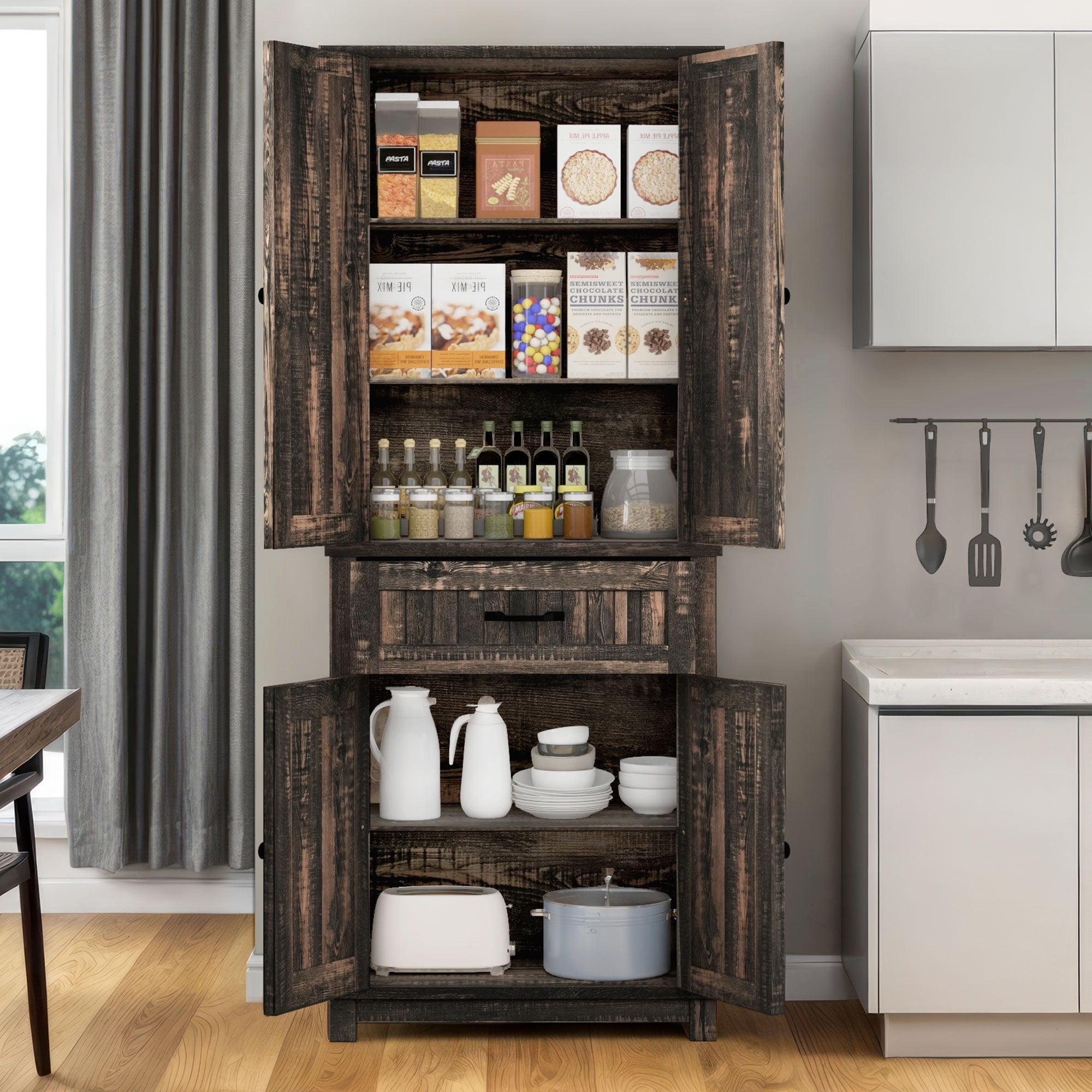 Dextrus Kitchen Pantry Cabinet with Doors and Drawer, Pantry Cabinet with Adjustable Shelves for Kitchen, Living Room, Dining Room, Dark Oak - Image 7