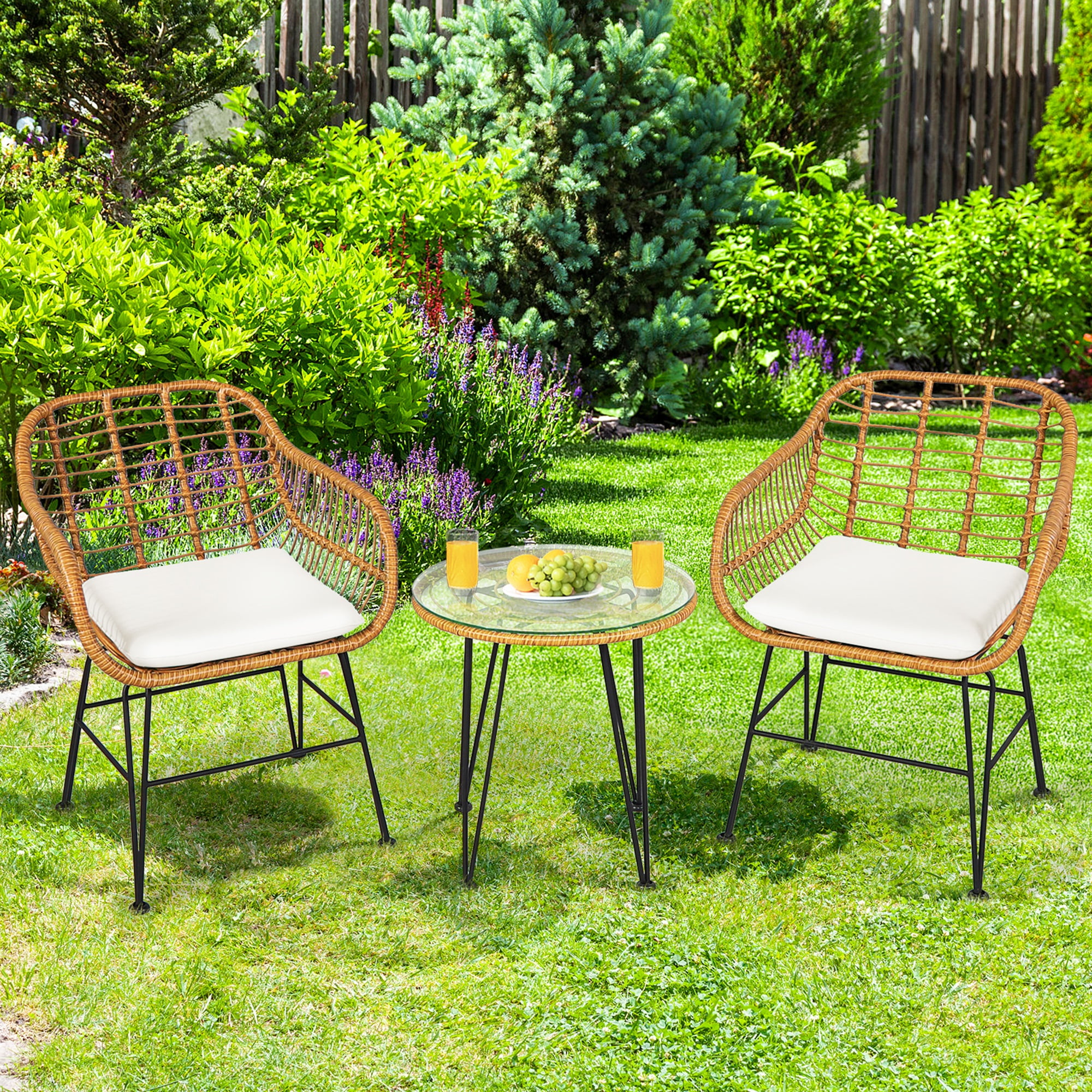 Gymax 3PCS Rattan Patio Bistro Set Conversation Furniture Set w/ White Cushions - Image 7