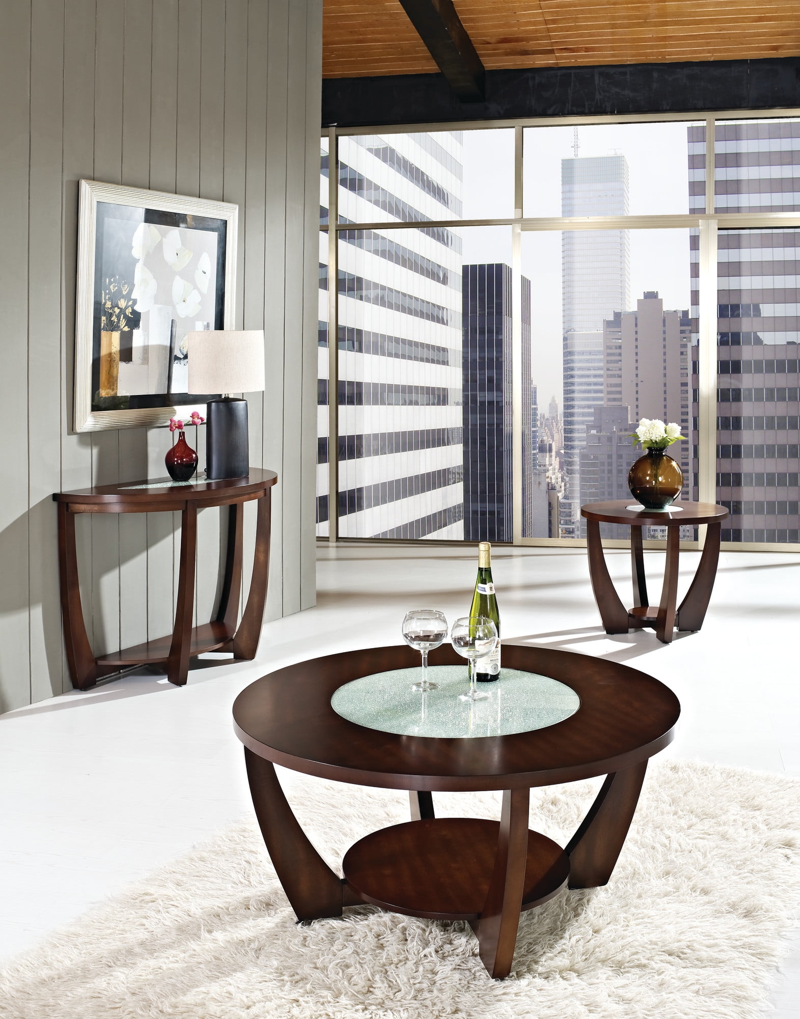 Rafael Sofa Table in Cherry Finish Wood with Cracked Glass Insert - Image 6