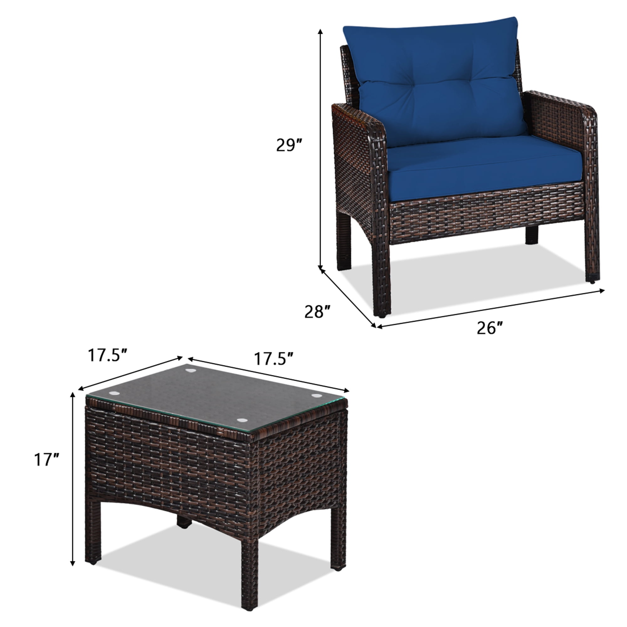 Gymax 3PCS Rattan Patio Conversation Furniture Set Yard Outdoor w/ Navy Cushions - Image 6