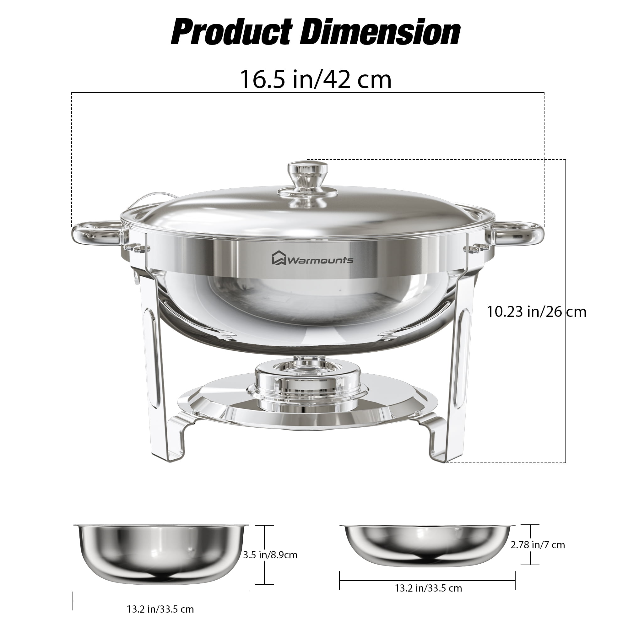 WARMOUNTS Round Chafing Dish Buffet Set 4 Pack, 5QT Polished Stainless Steel Chafing Dish, Buffet Servers and Warmers Set with Lid & Holder for Party, No Finger Cuts - Image 6
