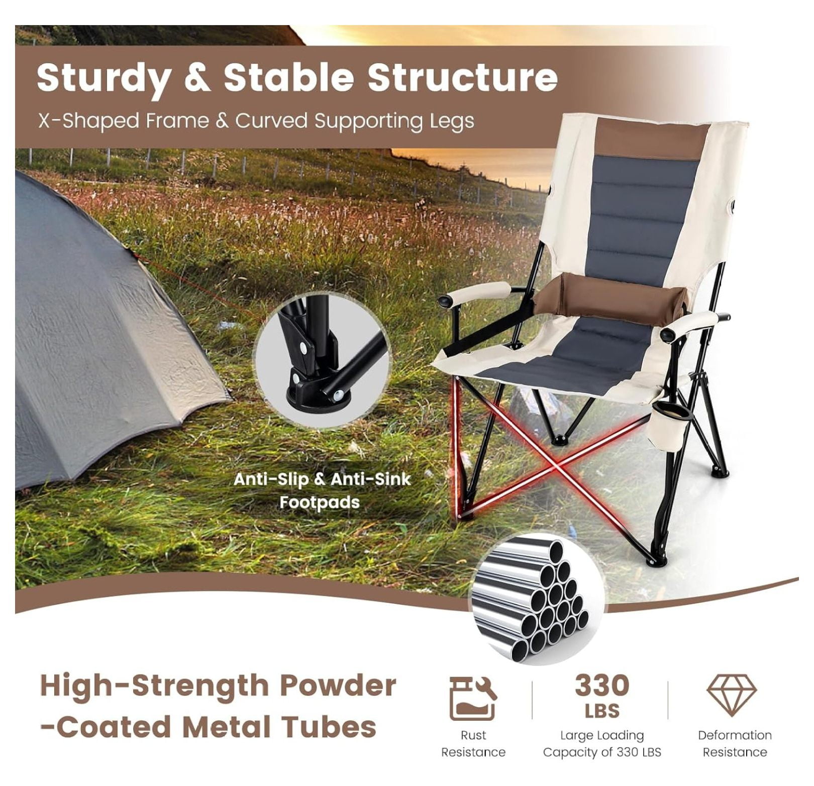 Folding Camping Chair, Portable Lightweight Camp Chair with Lumbar Support, Padded Seat, Carrying Bag, Cup Holder, Outdoor Lawn Chair for Yard Fishing Travel, No Assembly Needed - Image 8