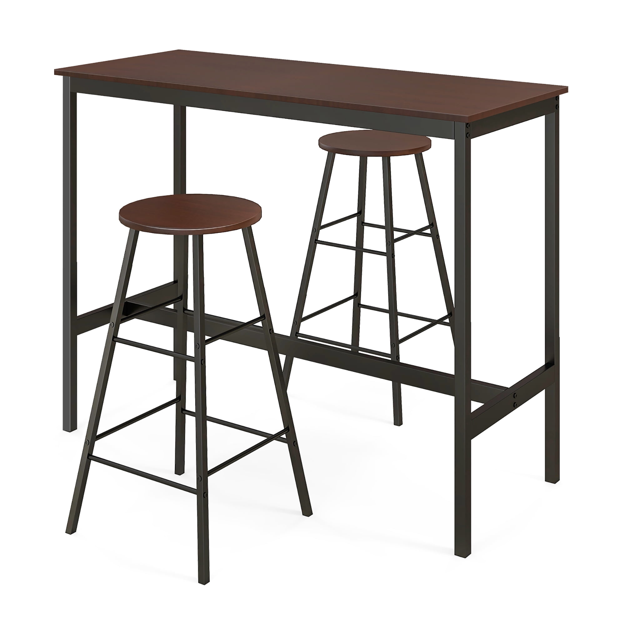Costway 3-Piece Bar Table Set Pub Kitchen Dining Table w/ 2 Round Stools Black & Brown - Image 9