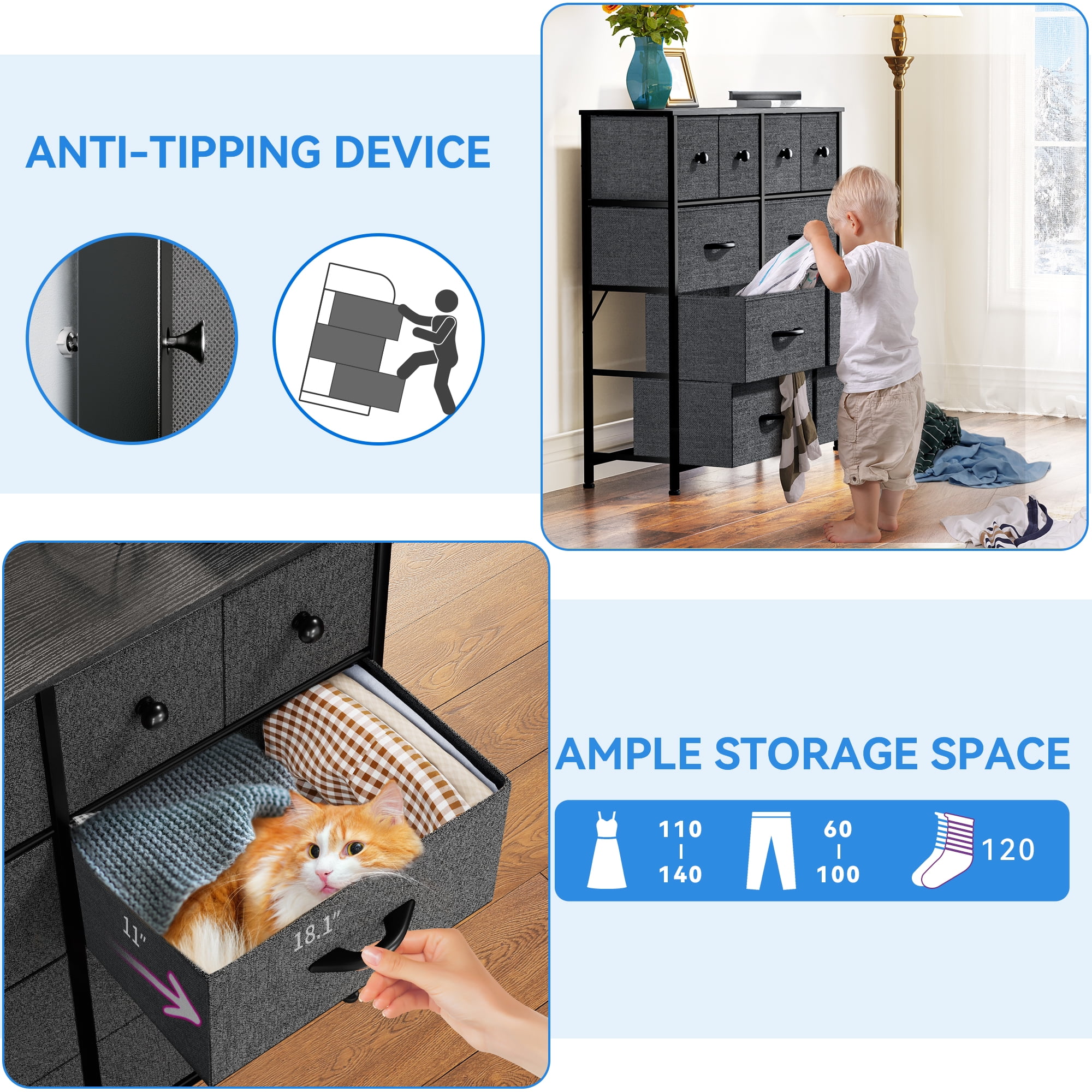 DEXTRUS Fabric Dresser with 10 Drawers with Sturdy Steel Frame, Wooden Top for Bedroom, Gray - Image 5