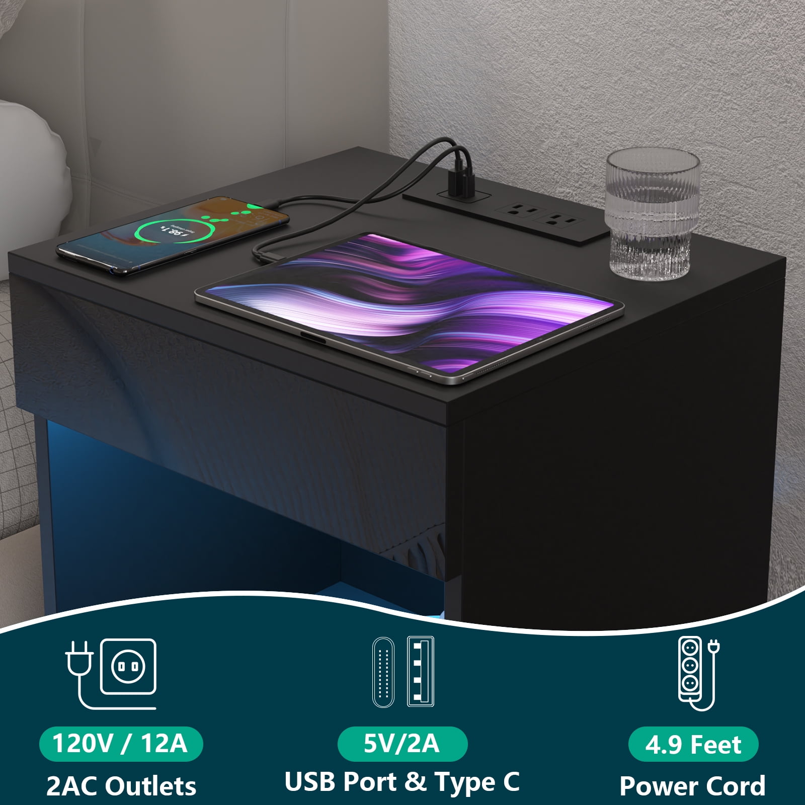 Hommpa Nightstand with Charging Station Nightstands with 2 Drawer Open Shelf Nightstands Black Nightstands High Gloss LED End Table Nightstands for Bedroom Living Room Furniture 23.6" Tall - Image 5