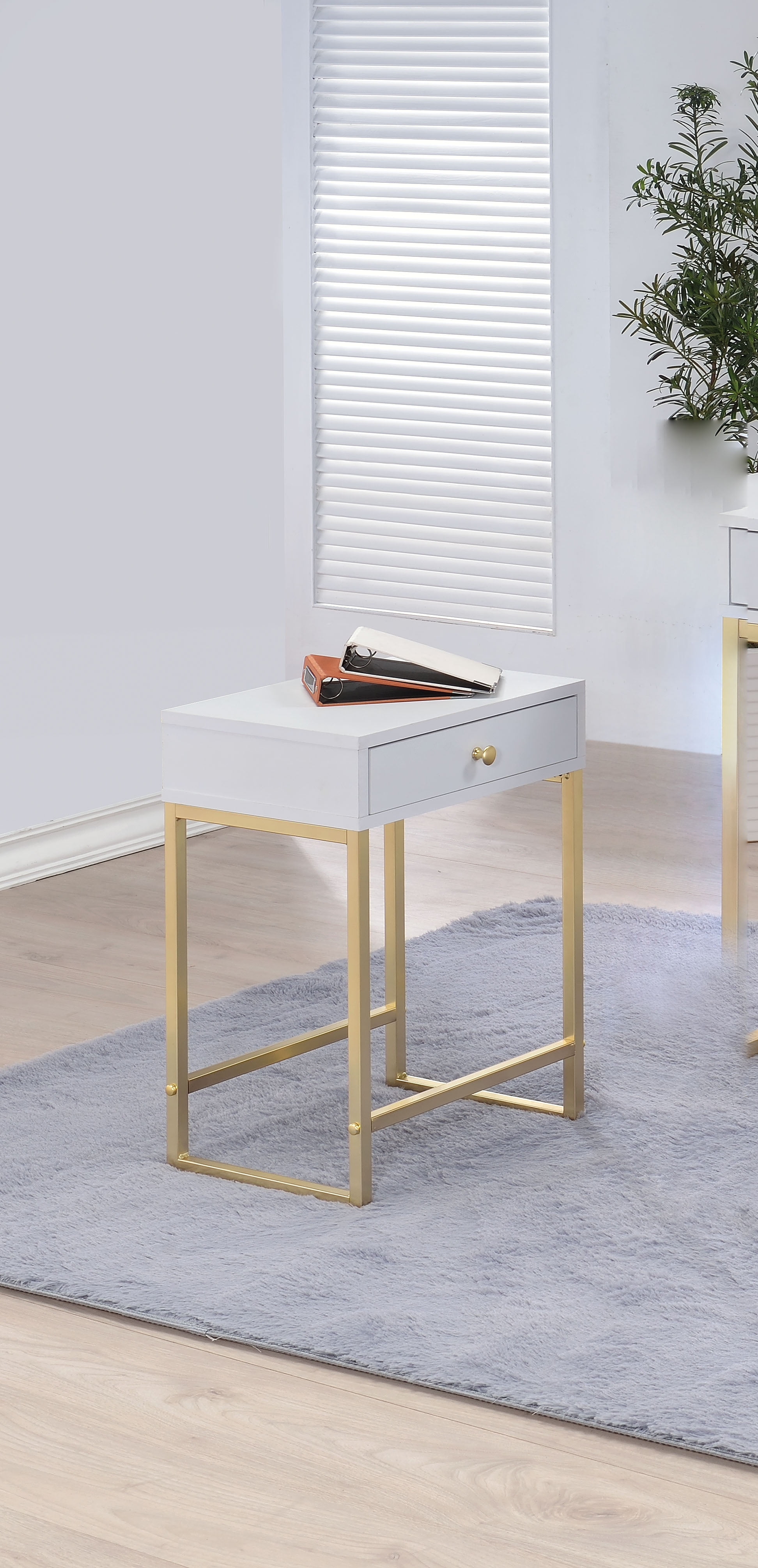 ACME Coleen 1-Drawer Metal Tube End Table in White and Brass - Image 3