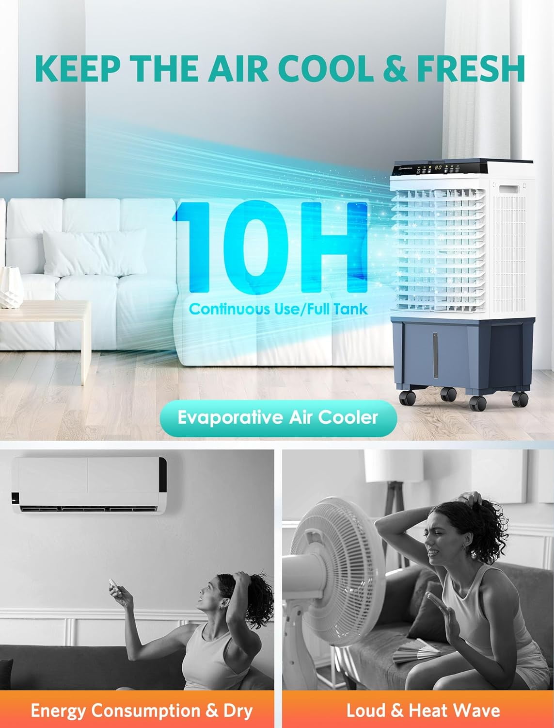 Nordic Hygge 1800 CFM 3 Speed Portable Evaporative Air Cooler Fan Humidifier Indoor/Outdoor up to 1000 Sq. Ft., White - Image 5