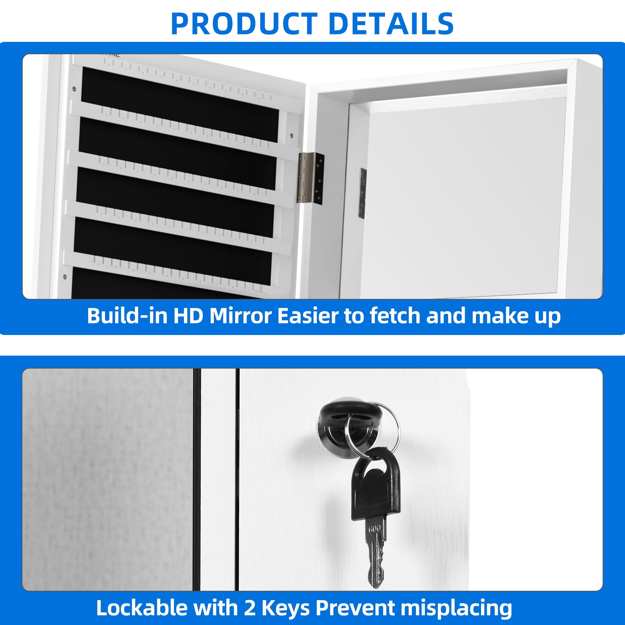 Dextrus Mirror Jewelry Cabinet 360° Rotating Jewelry Armoire Storage Box w/ Full Length Mirror Jewelry Organizer - White - Image 3