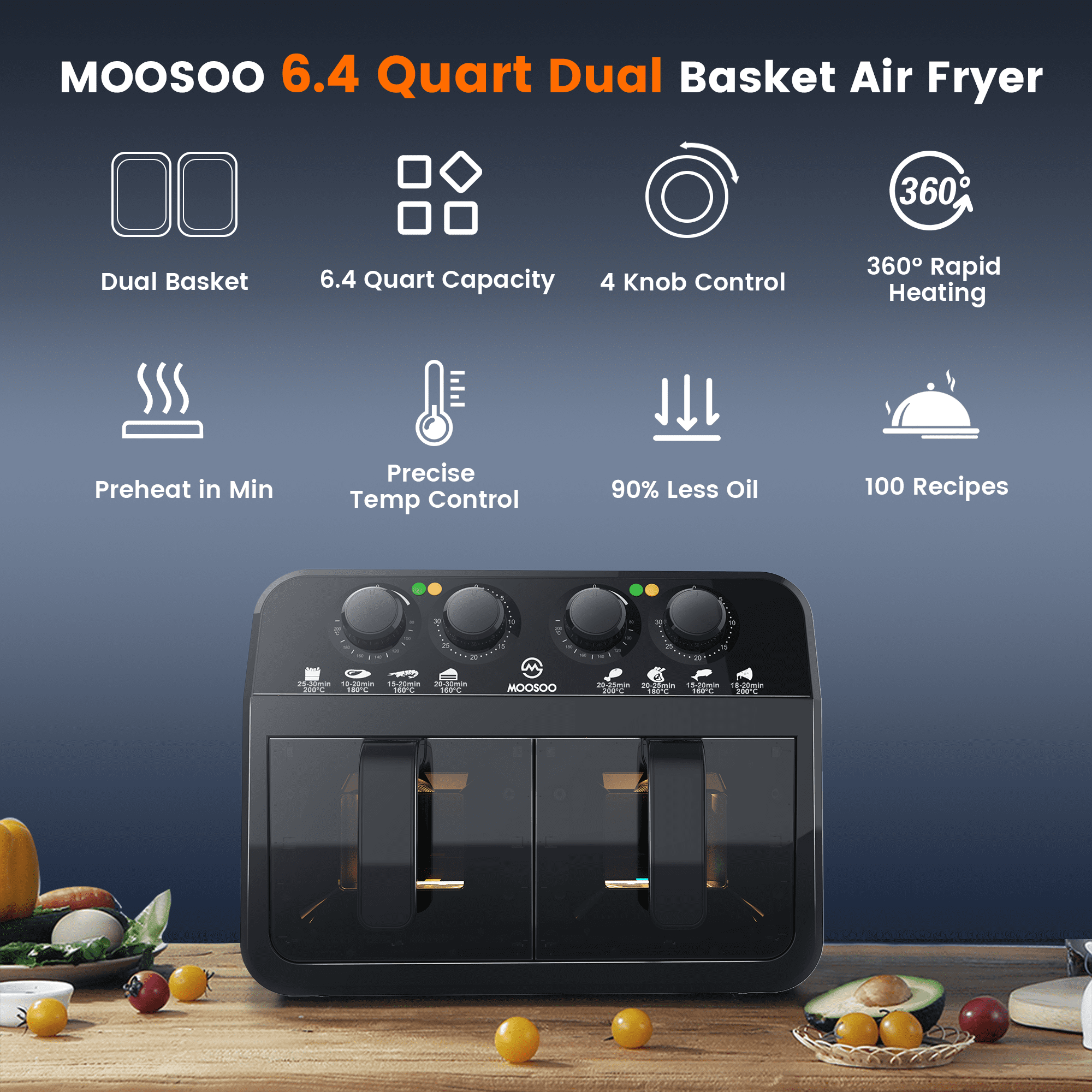 MOOSOO Dual Basket Air Fryer Oven, 6.4Qt Air Fryer, Black, New, Dishwasher Safe 2 Nonstick Basket - Image 2