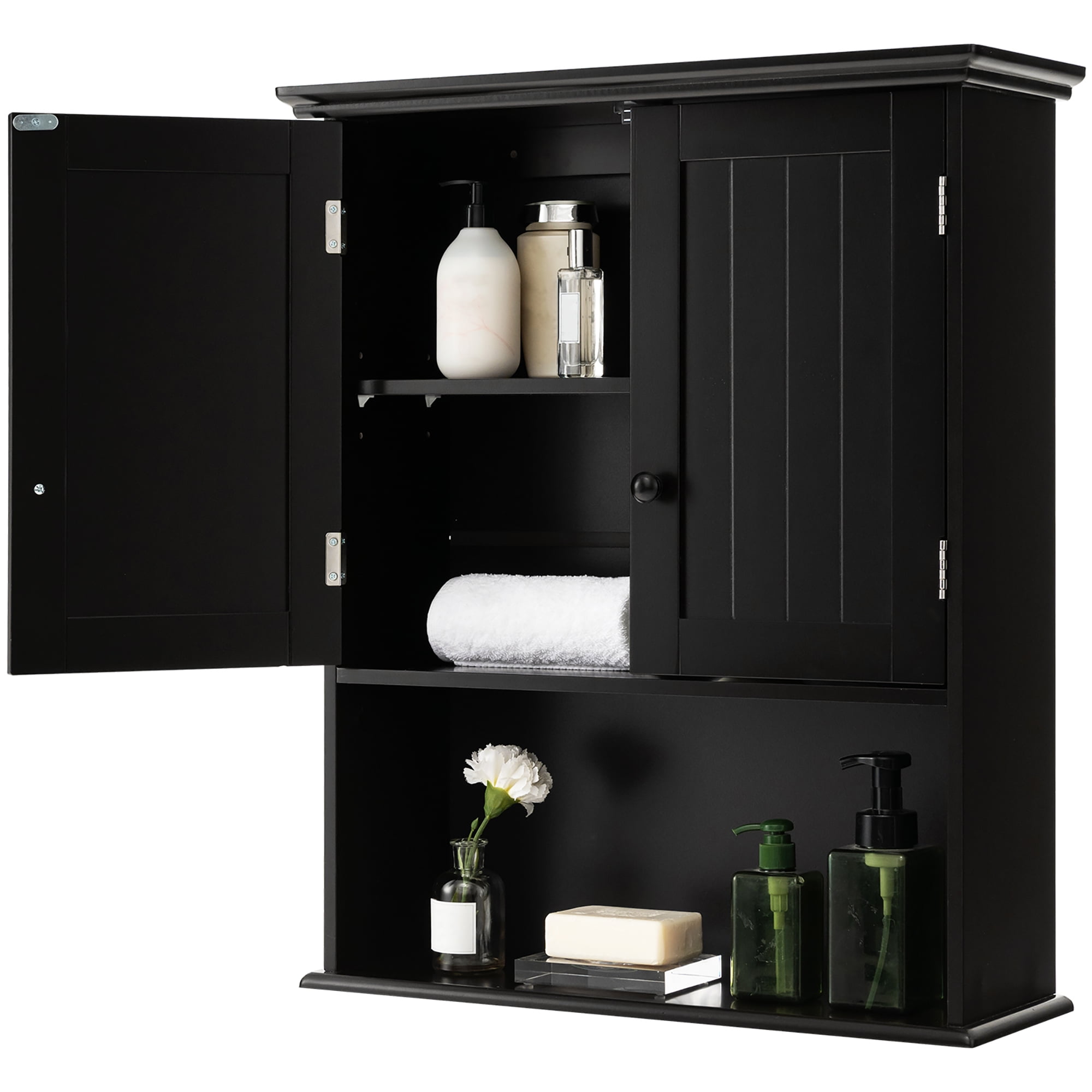 Costway Wall Mount Bathroom Cabinet Wooden Medicine Cabinet Storage Organizer Black - Image 8
