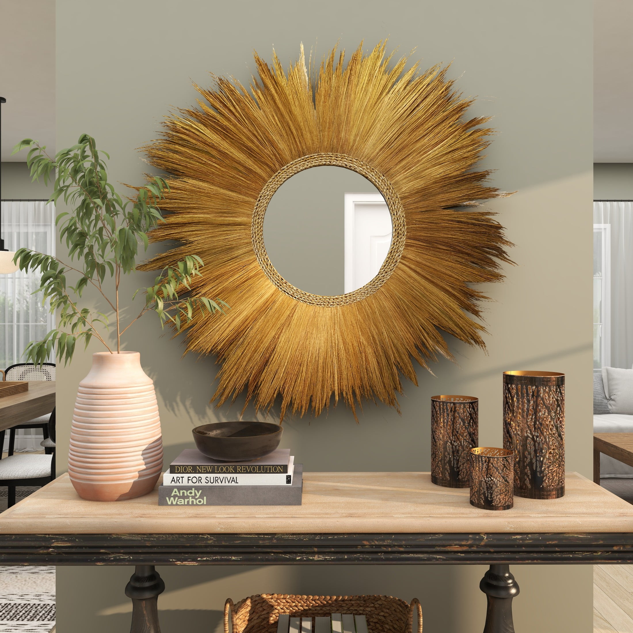 DecMode 45" x 45" Brown Tribal Inspired Sunburst Grass Wall Mirror with Coiled Rope Center - Image 12