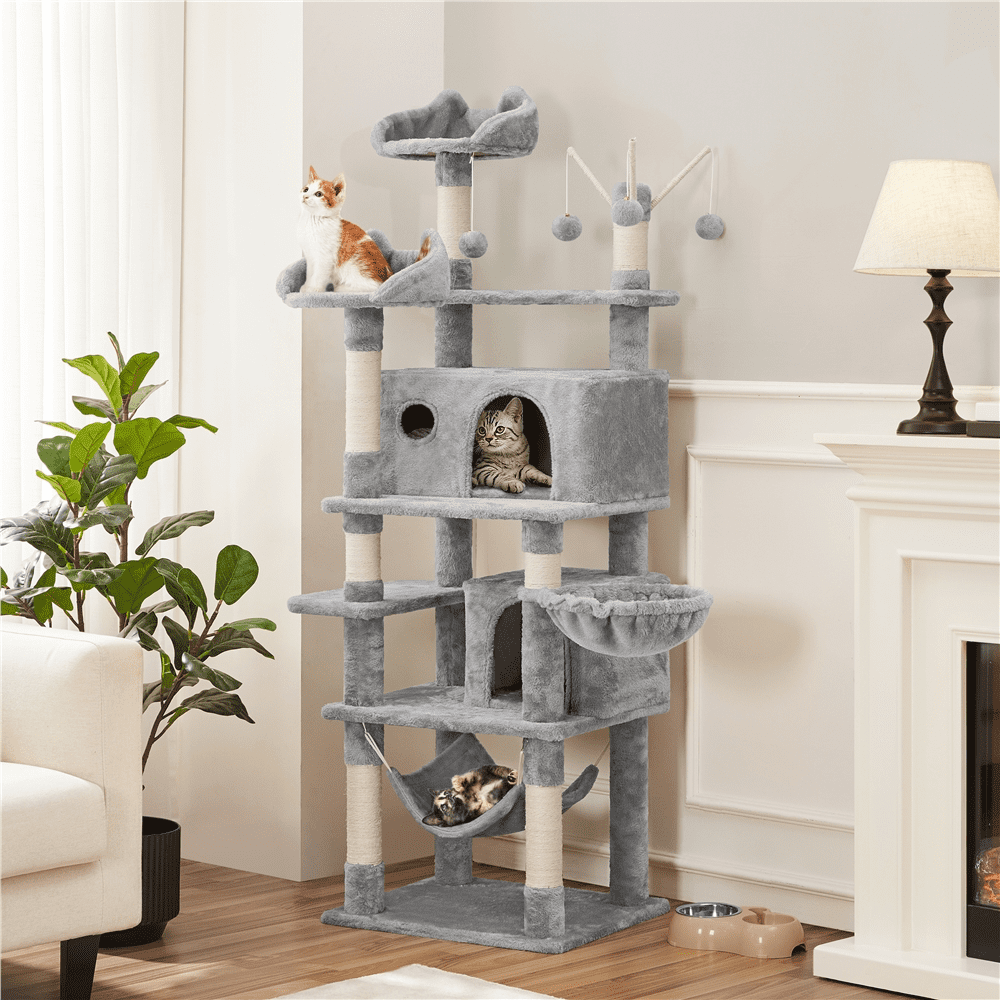 Alden Design 67" H Multi-Level Cat Tree Tower with 2 Cat Condos & Hammock Basket, Light Gray - Image 6