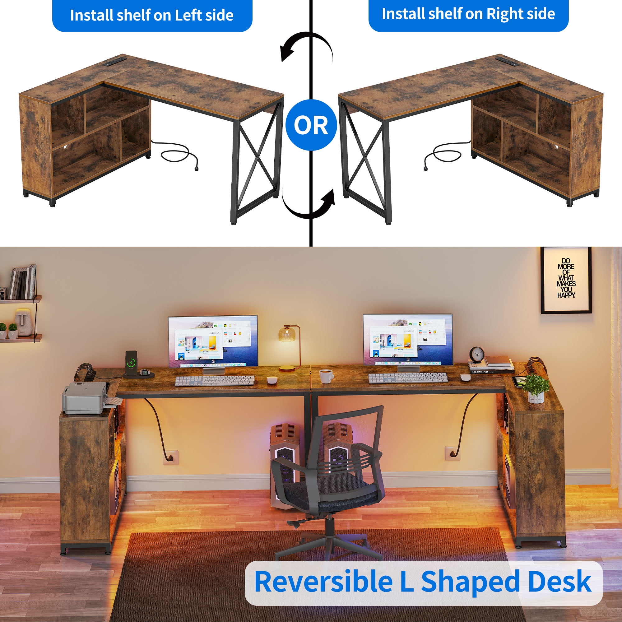 Dextrus L Shaped Desk with LED Light & Power Outlets, 55 Inch Reversible Corner Desk with Storage Shelves, Computer Desk Office Desk Executive Desk Writing Desk for Home Office, Brown - Image 3
