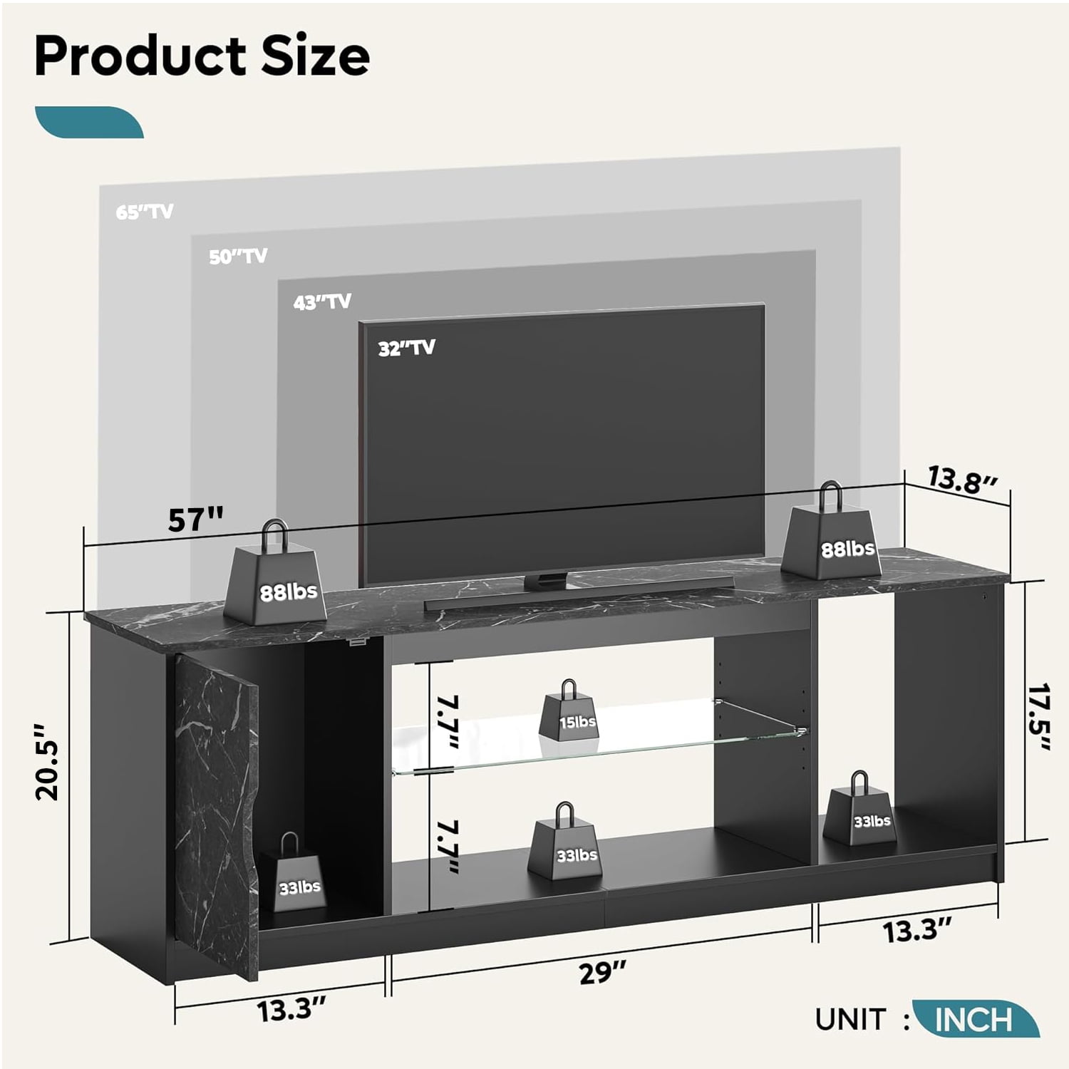 Bestier LED TV Stand for 60/65 inch TV PS5 Gaming Entertainment Center for TVs with Storage Cabinet for Living Room, Black Marble - Image 2