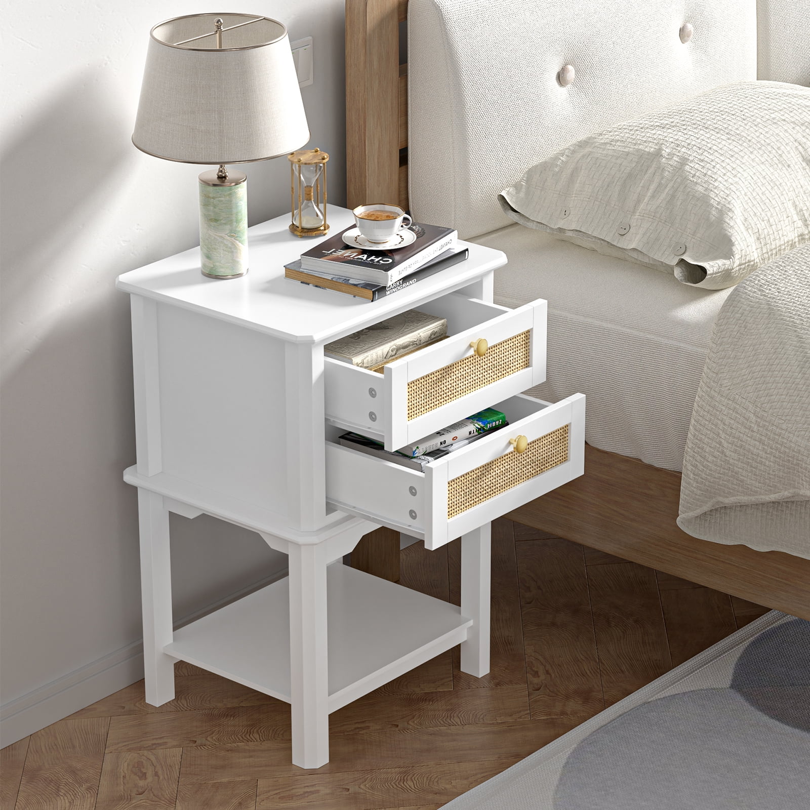 Eumyviv Rattan Nightstand with 2 Drawers and One Open Shelf Bedside Table Side Table for Bedroom Living Room, White& Oak GN002 - Image 7