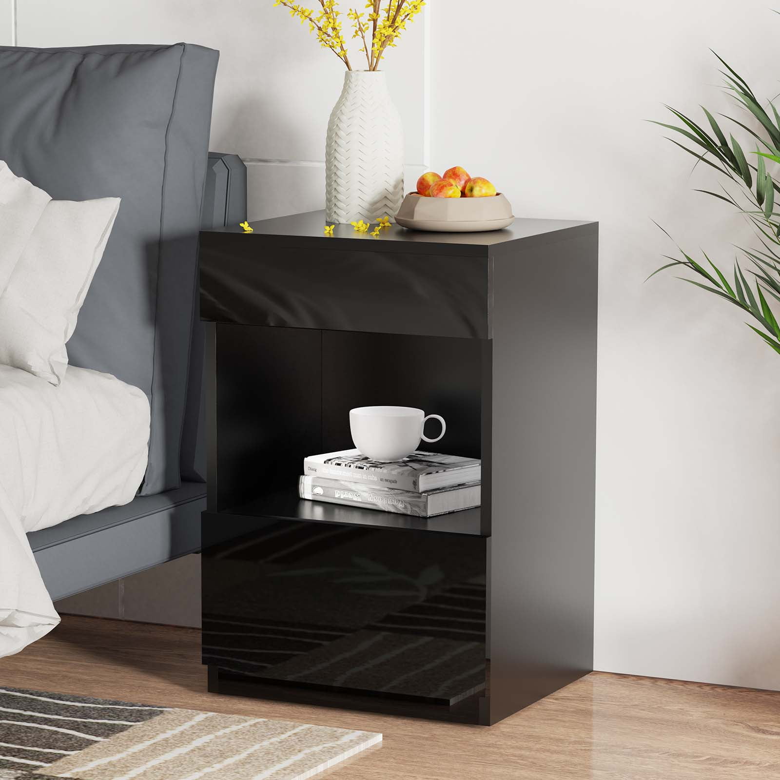 Hommpa Nightstand, 2 Drawer Nightstand Open Shelf Nightstands Bedside Table Modern End Tables Living Room High Gloss Side Table Bedroom Home Furniture Black - Image 4