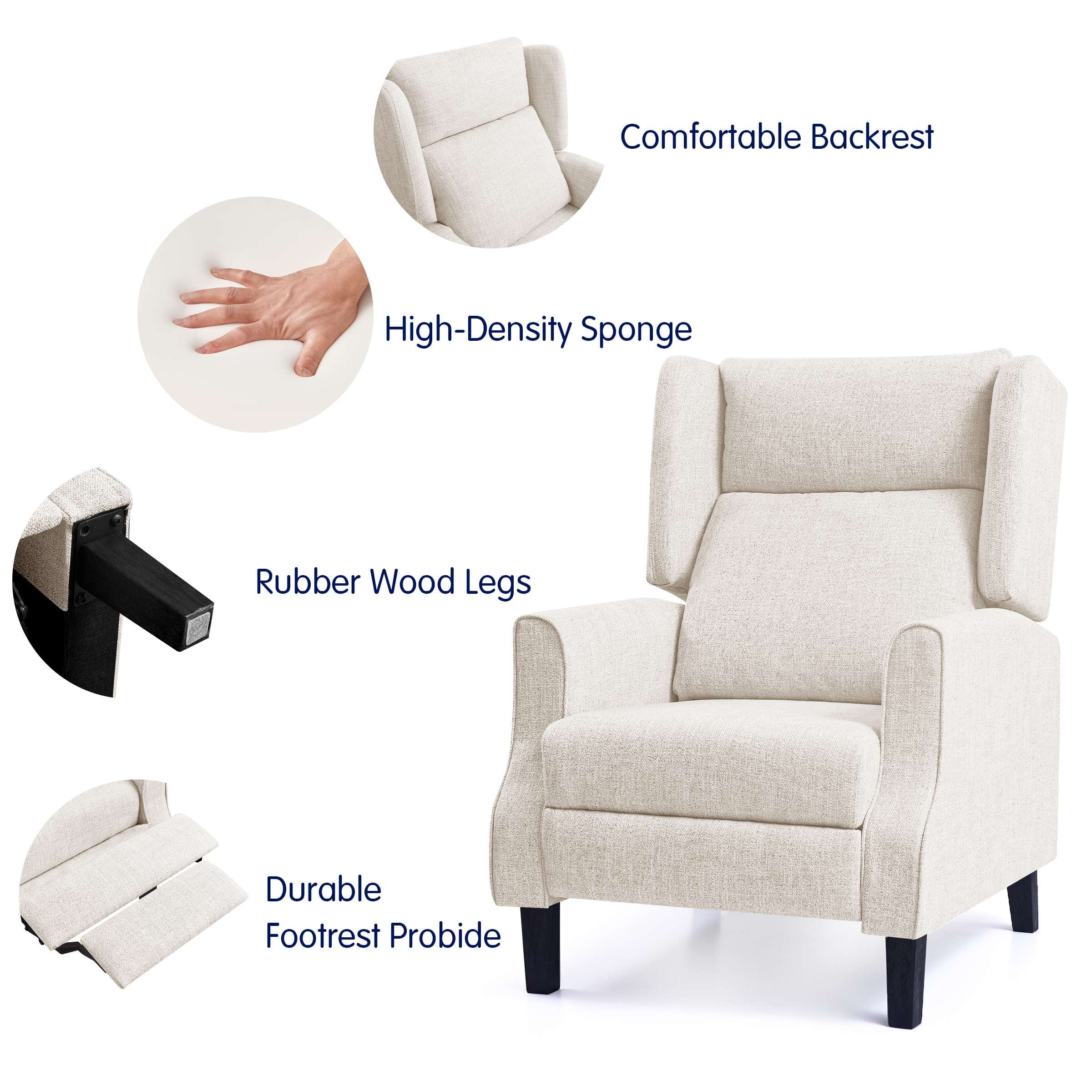 Subrtex Push Back Recliner Chair, Modern Upholstered Manual Wing Chair with Extending Footrest Linen Fabric Recliner Chair (1 PC, Beige) - Image 6