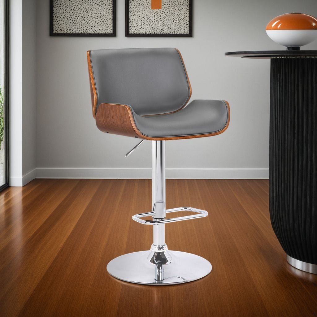 London Gray Faux Leather Adjustable Height Swivel Walnut Wood and Chrome Bar Stool - Image 6