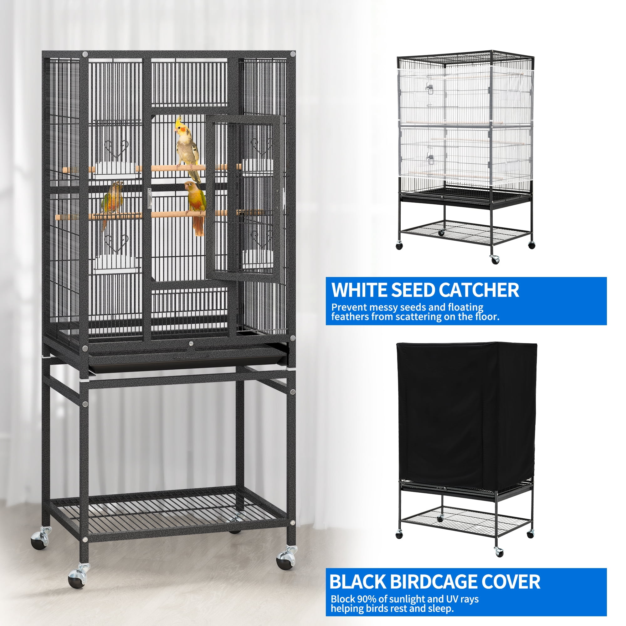 Dextrus 52" Metal Bird Cage with Rolling Stand and Castor Wheels, Large Bird Cages for Parakeets, Parrots, Cockatiels, Pigeons with 2 Free Bird Coverss - Image 4