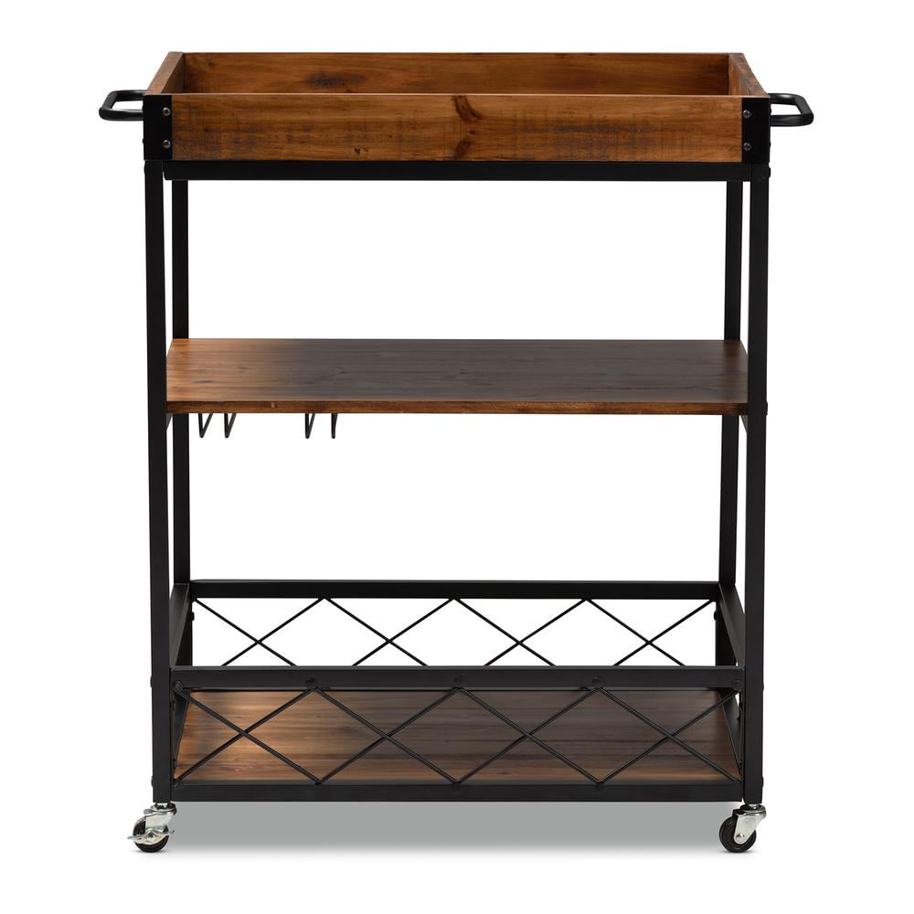 Baxton Studio Capri Vintage Rustic Industrial Oak Brown and Black Finished Mobile Metal Bar Cart with Stemware Rack - Image 10