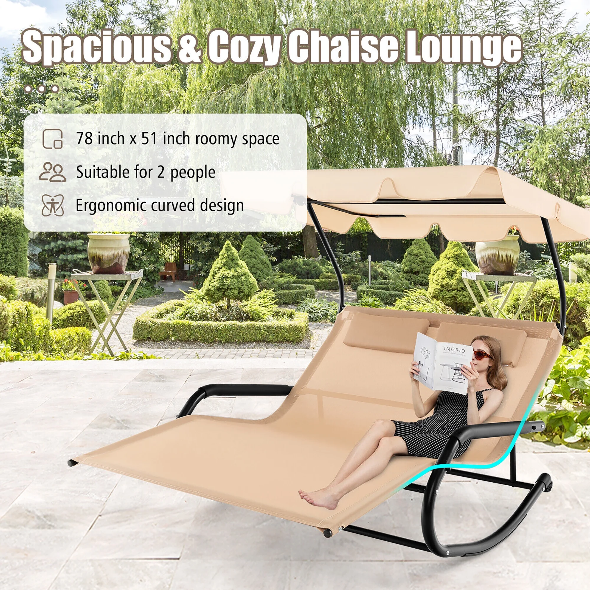 Gymax Outdoor 2-Person Double Rocking Chaise Lounge w/ Canopy & Wheels Metal Frame - Image 4