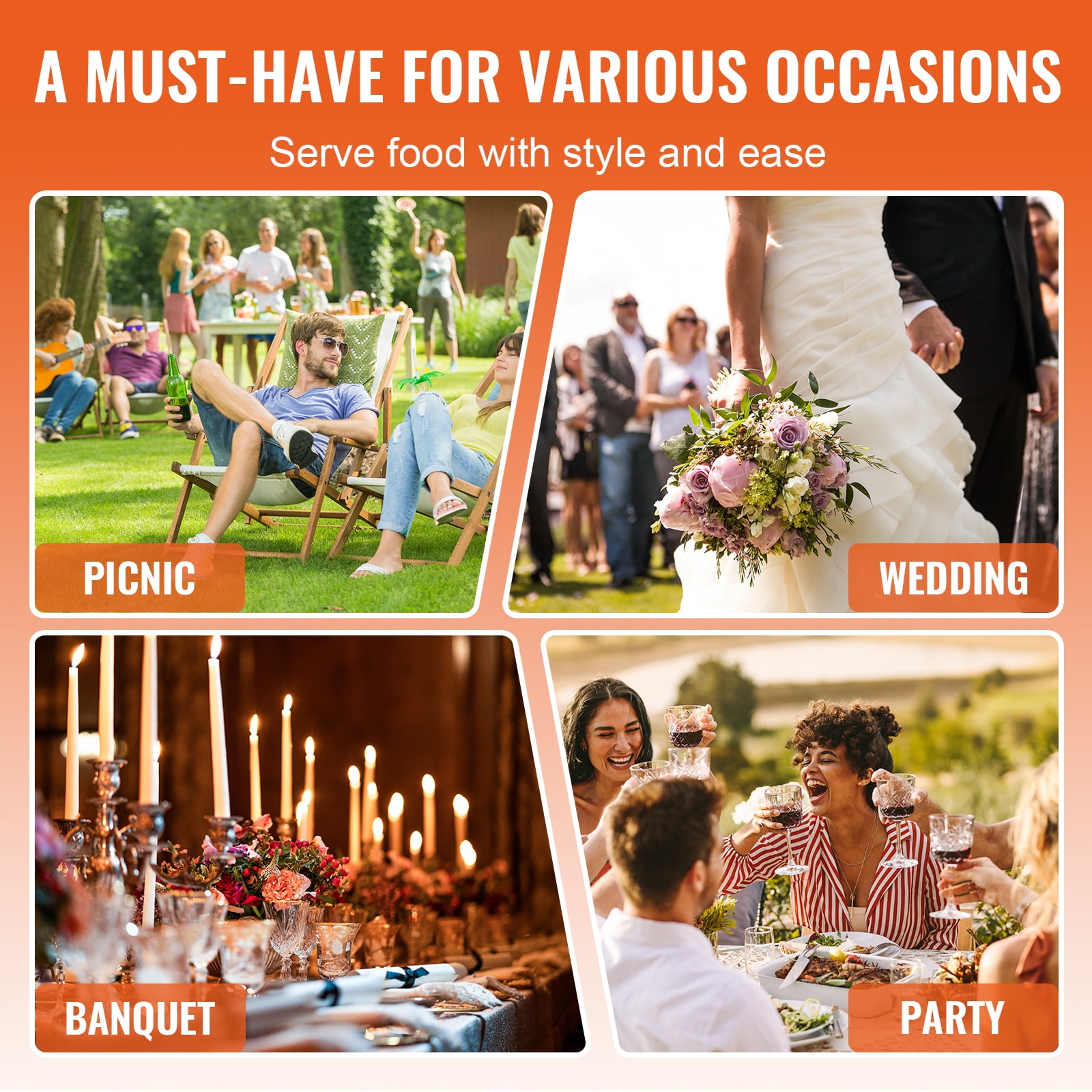 VEVOR Chafing Dish Buffet Set,8 Qt 4 Pack, Stainless Chafer with 4 Full Size Pans, Rectangle Catering Warmer Server with Lid Water Pan Folding Stand Fuel Tray Holder Spoon Clip - Image 7