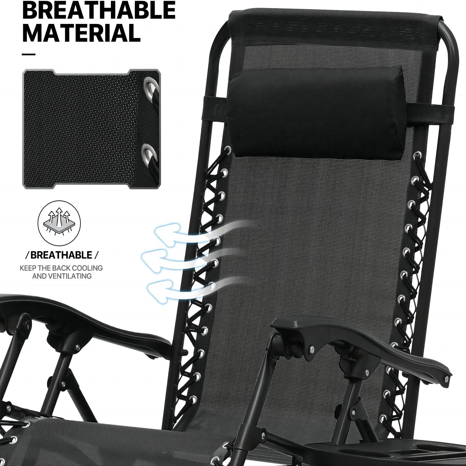 Inolait Black Outdoor Zero Gravity Reclining Lounge Chairs (Set of 2) - Patio Seating with Cup Holders & Ergonomic Support - Image 8