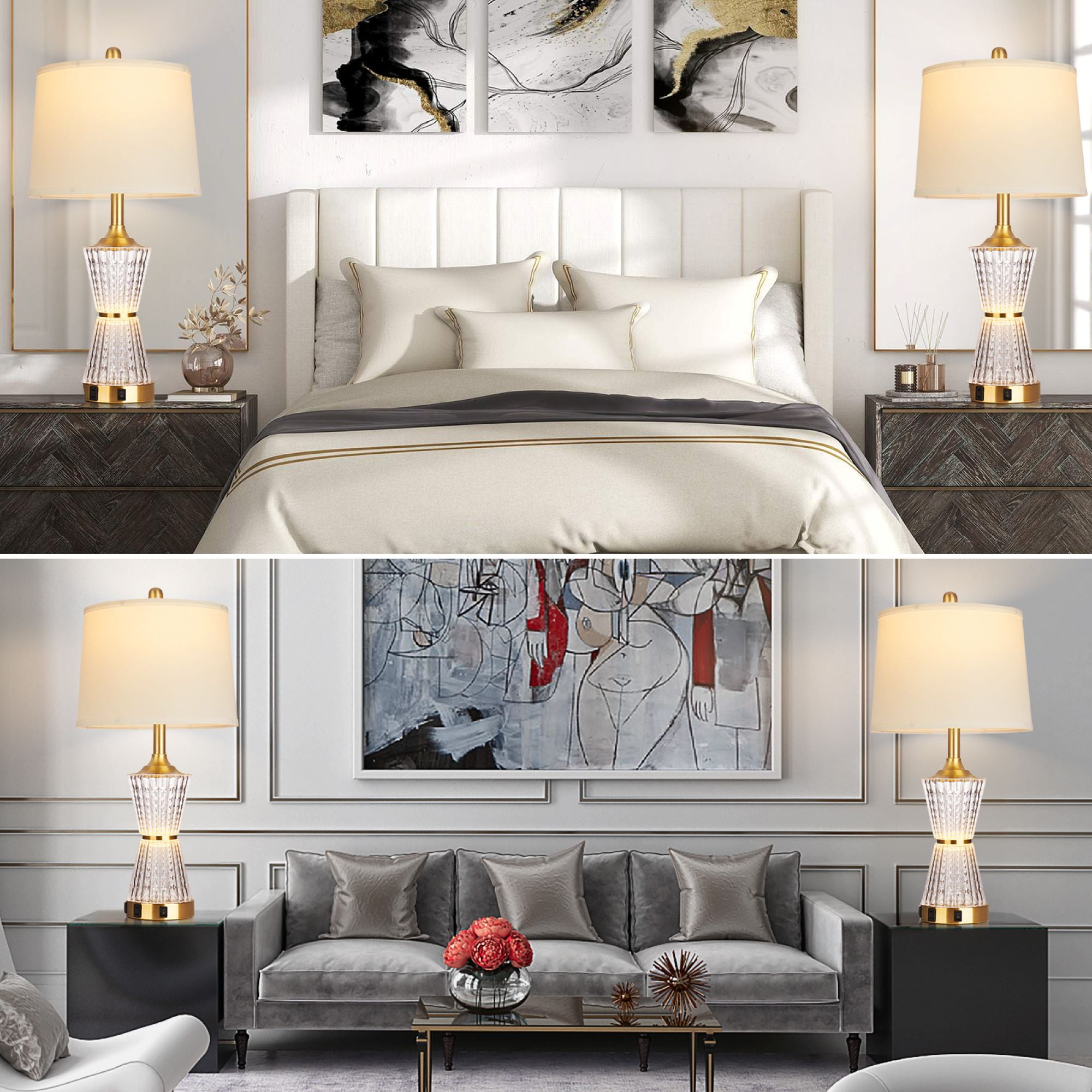 Cinkeda Gold Acrylic Night-light Table Lamp 2in1 with 2 USB Charging Ports An AC Outlet Rotary Switch & Rocker Switch (Set of 2) - Image 3