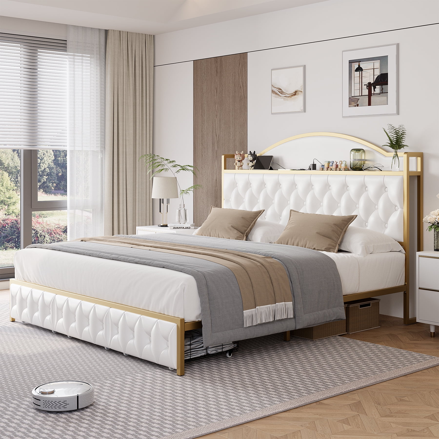 Homfa King Size Storage Bed with 3 Drawers, PU Leather Upholstered Bed with Shelving and Charging , White - Image 7