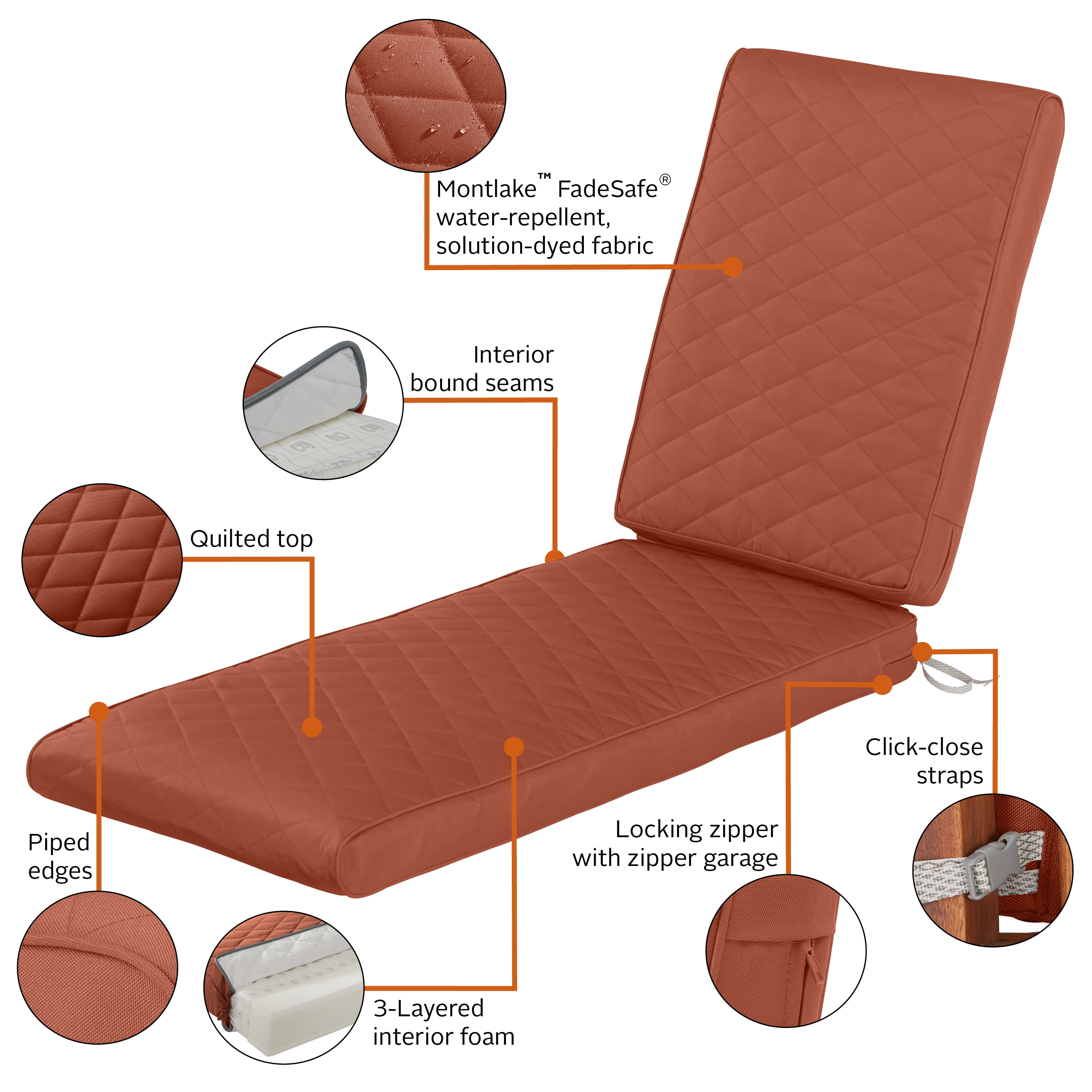 Classic Accessories Montlake FadeSafe Water-Resistant Patio Chaise Quilted Cushion, 80 x 26 x 3 inch, Spice - Image 17