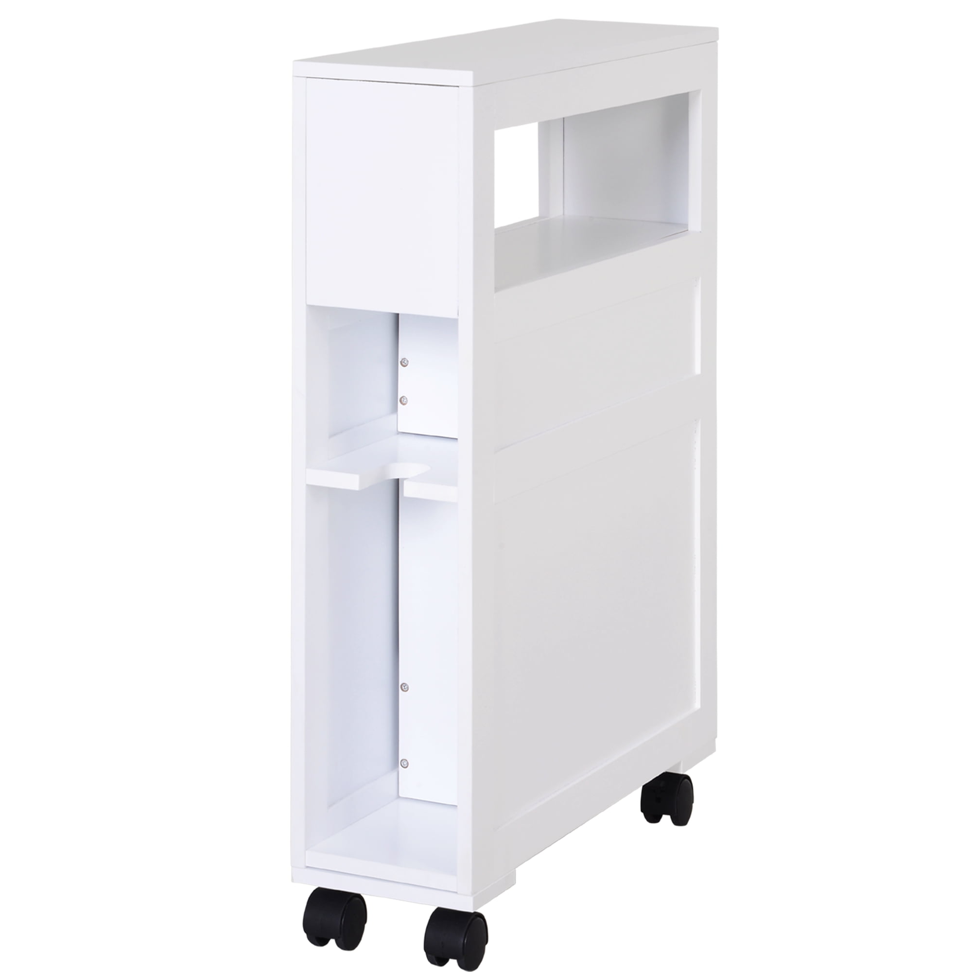 HOMCOM 6.25" x 20.5" x 28.25" Wood Rolling Narrow Bathroom Side Storage Cabinet - White - Image 8