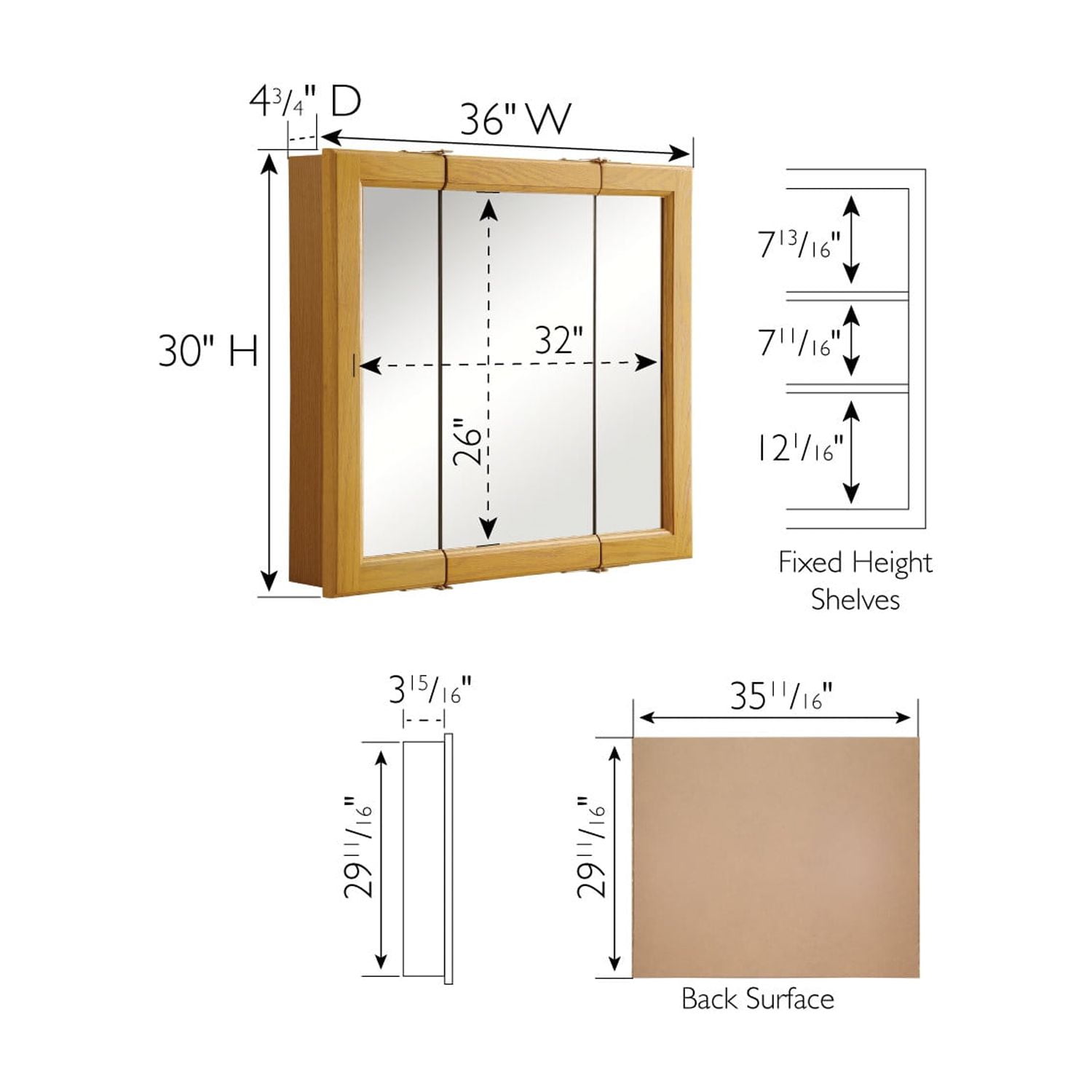 Design House 36" Wood Tri-View Wall Mount Bathroom Medicine Cabinet, Nutmeg Oak - Image 12